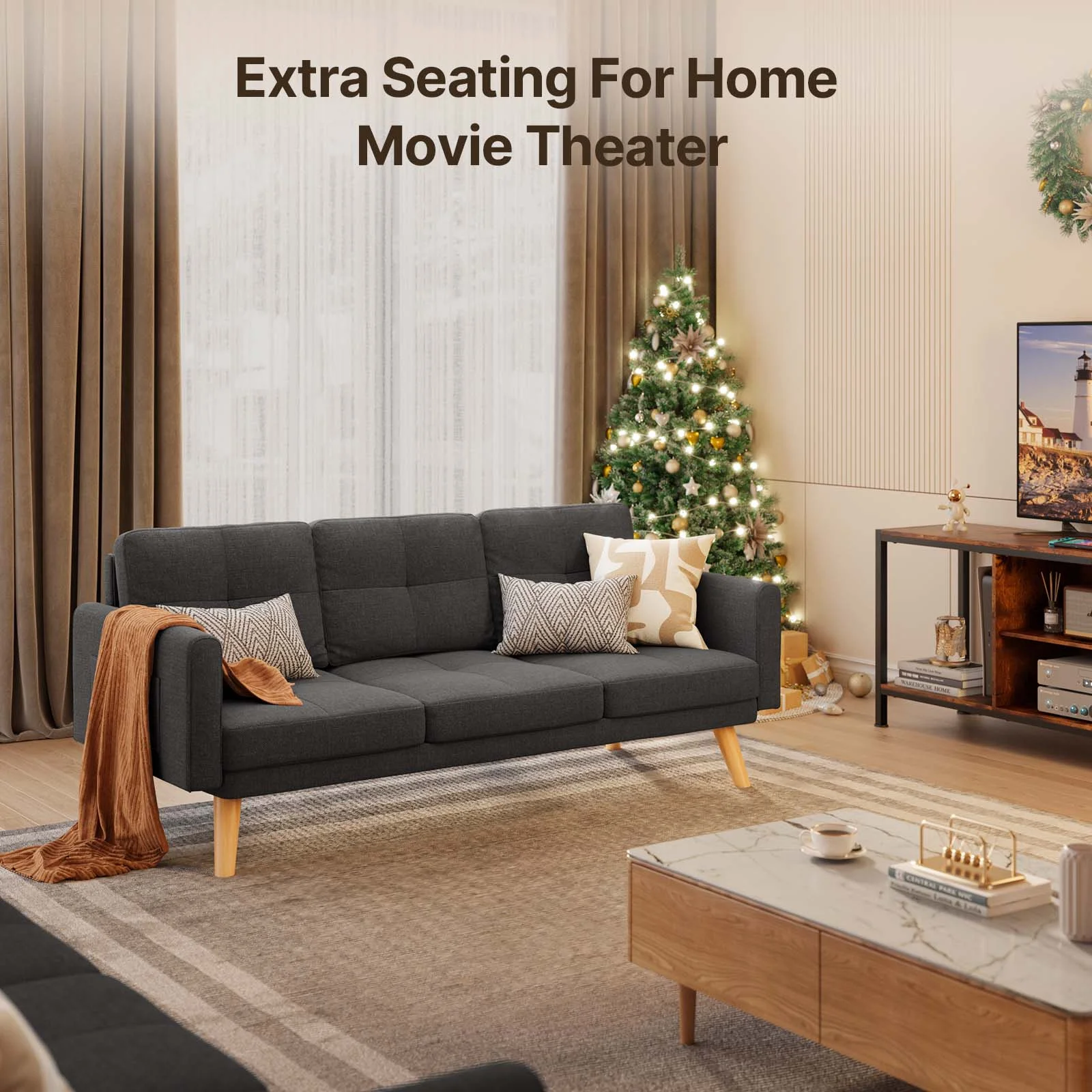 Modern Futon Sofa Bed with 3 Seats and Storage Pocket for Living Room & Office, Dark Gray