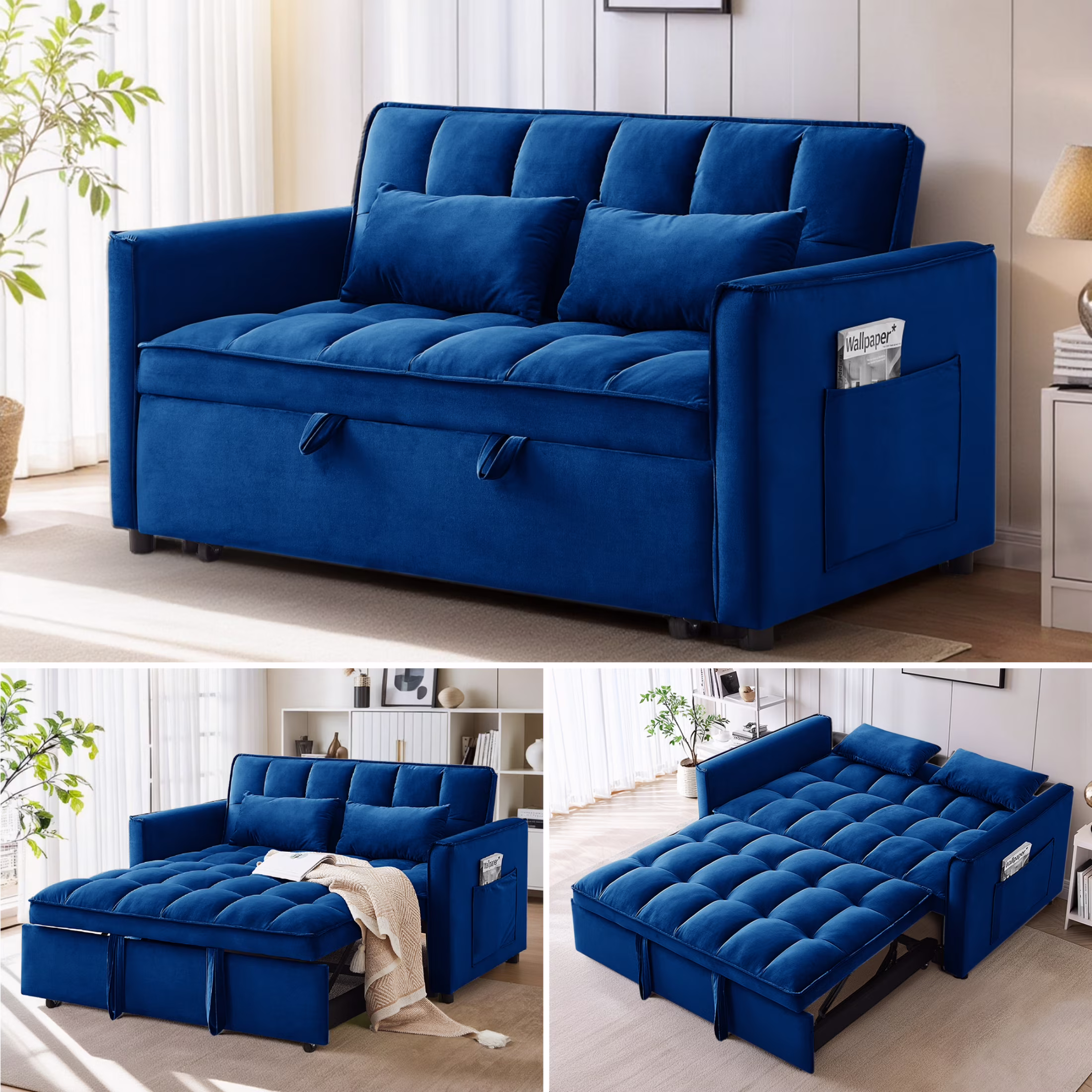 EPOWP Convertible Sofa Bed, 3 in 1 Pull Out Sleeper Loveseat Couch with Storage, Black
