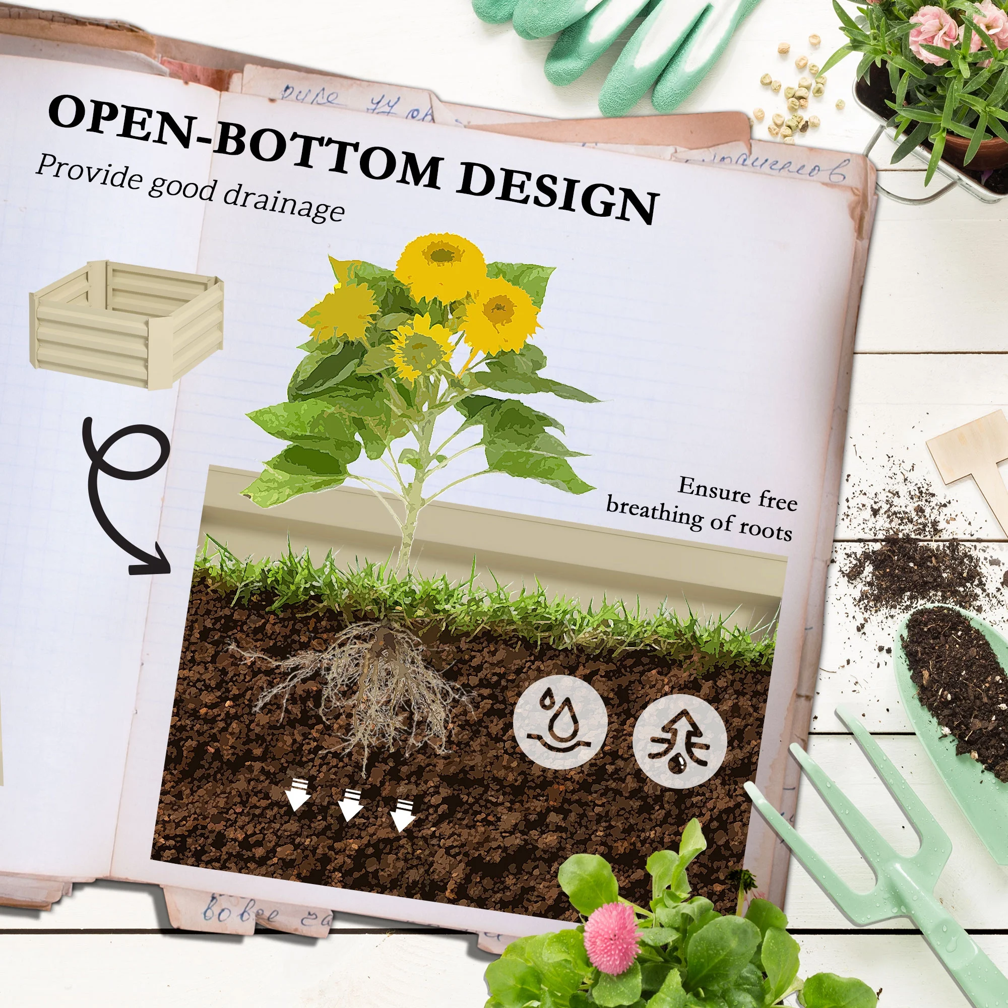 Outsunny Galvanized Raised Garden Bed,24" X 24" X 11.75" Outdoor Planter Box with Trellis Tomato Cage and Open Bottom for Climbing Vines,Vegetables,Flowers In Backyard,Garden,Patio,Cream,White Steel