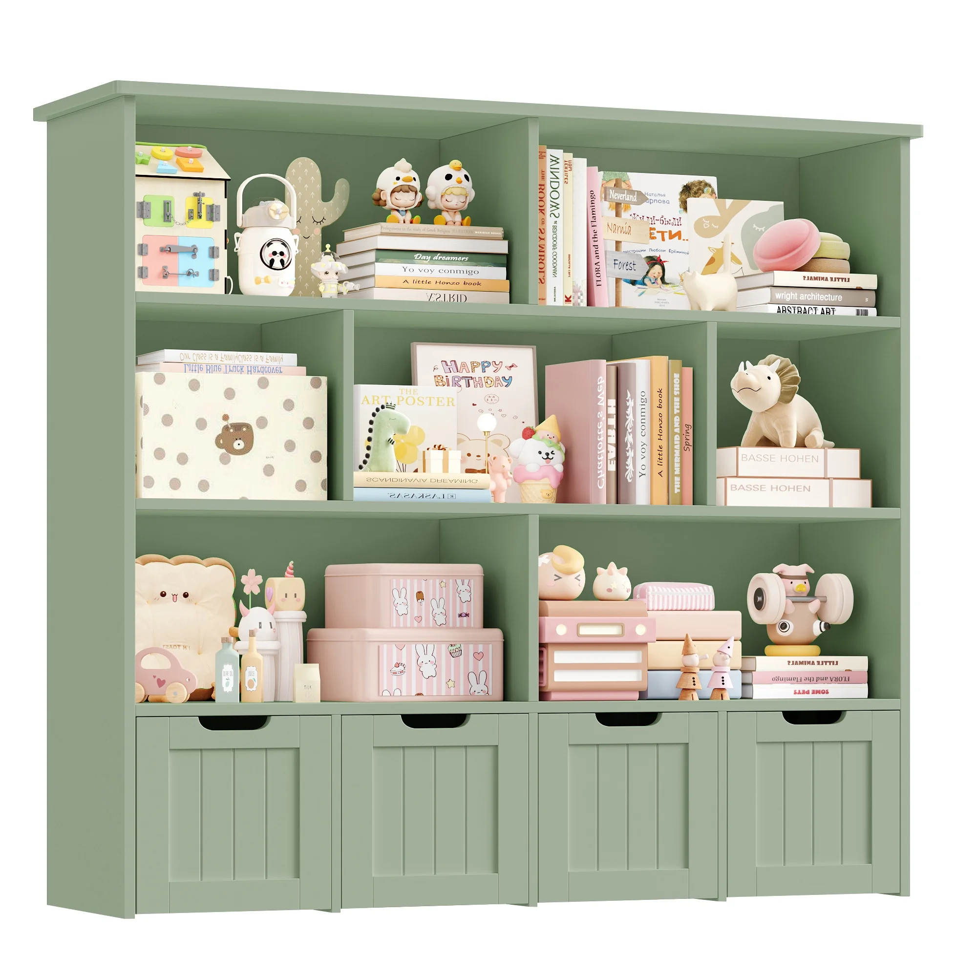 Homfa 7 Cube Toy Storage Organizer, Kids Geometric Bookcase and Bookshelf with 4 Drawers, White