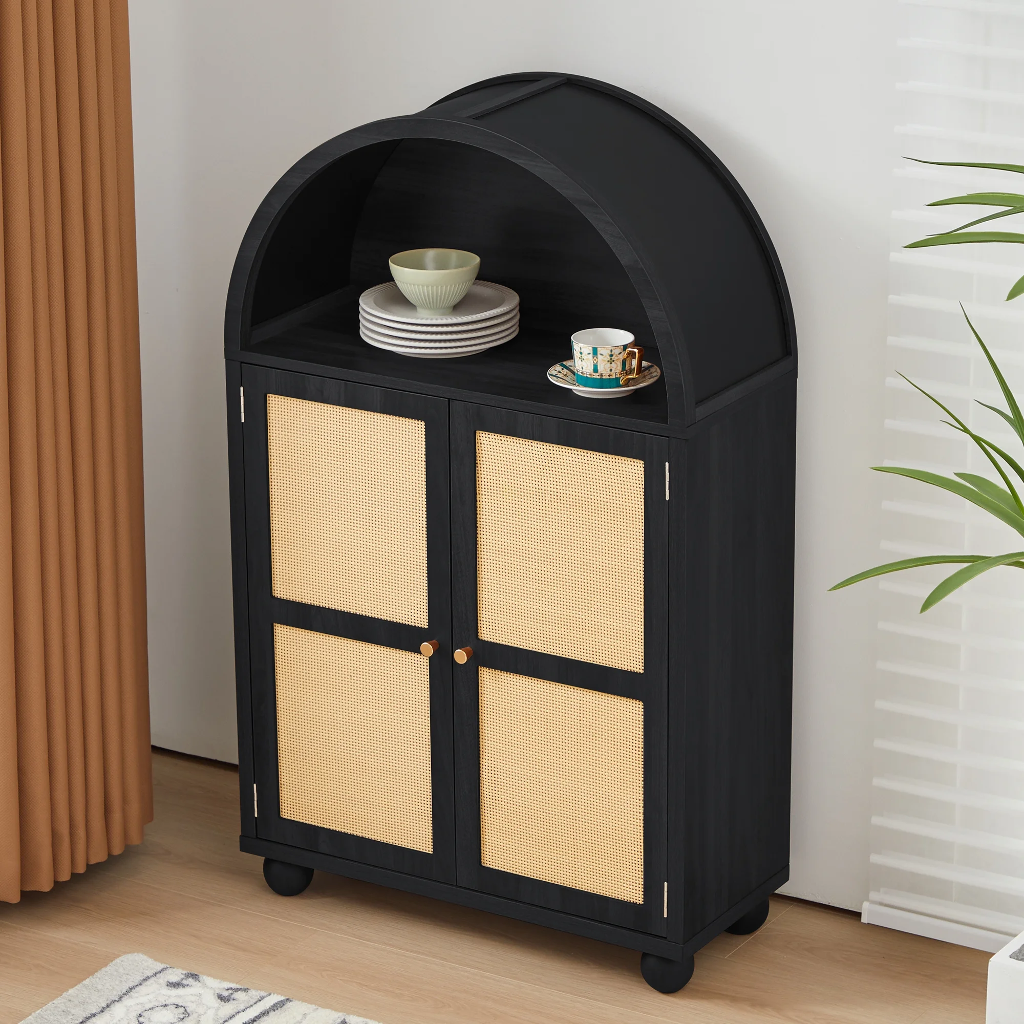 Wirrytor Arched Kitchen Storage Cabinet, Sideboard Buffet Cabinet with 2-Tier and 2 Doors, Black Sideboard, Kitchen Pantry Cabinet, Wooden Storage Cabinet for Living Room
