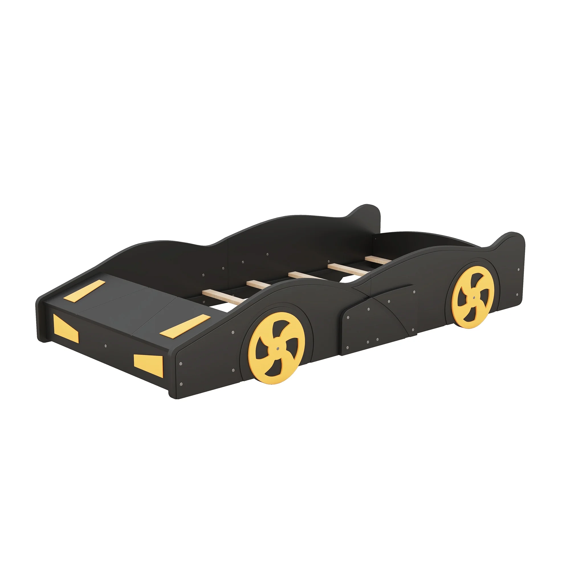 Euroco Car-Shaped Twin Size Platform Bed with Tires and Storage Cabinet for Kids Bedroom, Black
