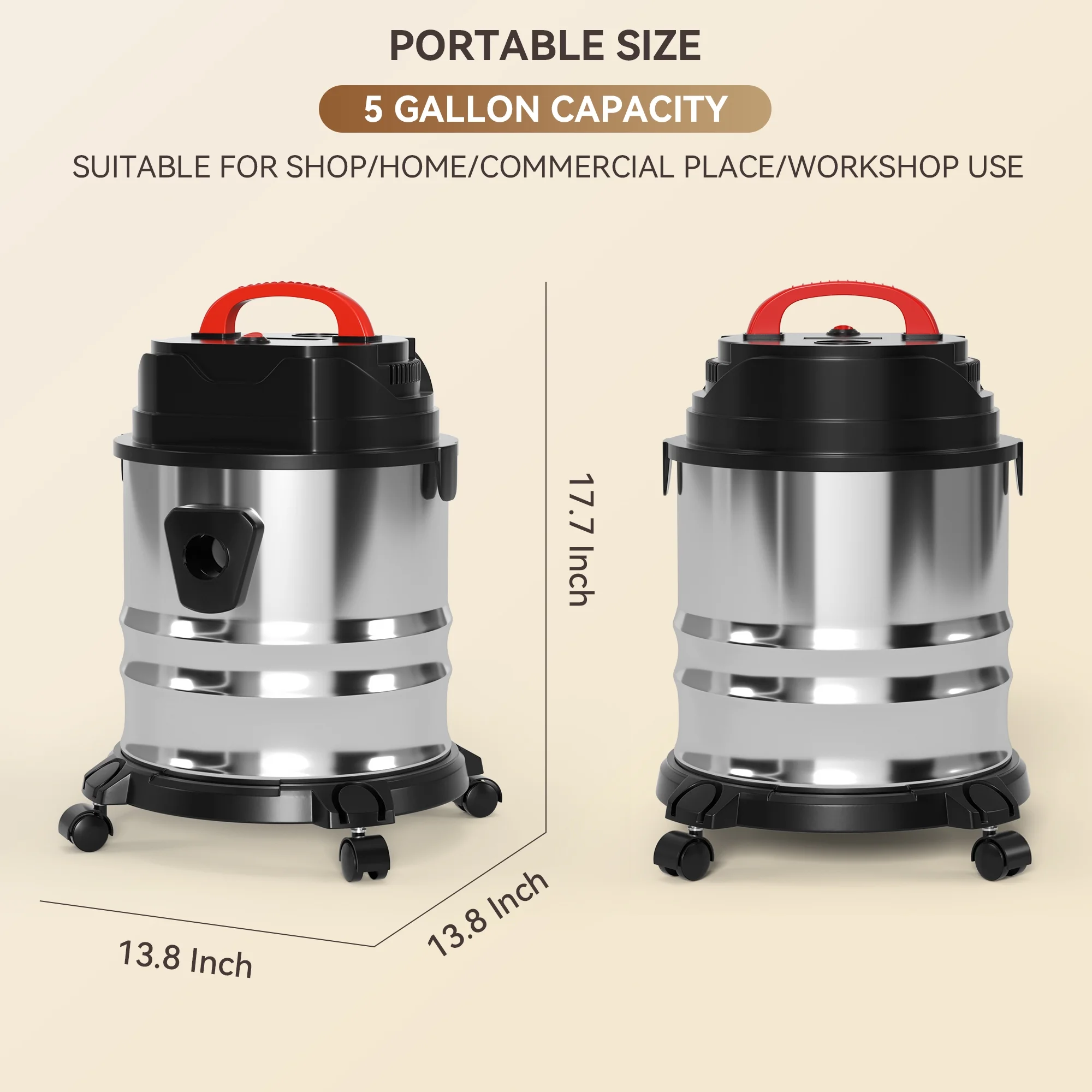 TOPTENG Wet Dry Vacuum Cleaner, 5 Gallon 1800W 6 HP Peak Stainless Steel Shop Vacuum Wet and Dry, with Filter and Attachments for House Garage Workshop Car