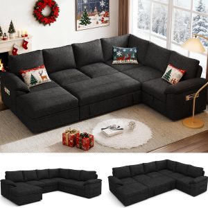 108 Inch Sectional Sleeper Sofa with Pull Out Bed, U Shaped 7 Seat Modular Sectional Sofa