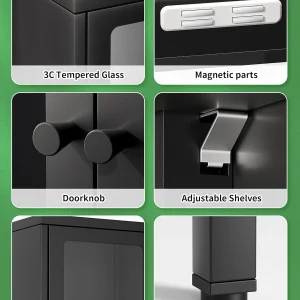 SUNCROWN Metal Storage Cabinet, Curio Display Cabinet with 2 Glass Display Door and 4 Shelves, Side Storage Organize, Modern Bookshelf Cabinet for livingroom, Bedroom, Kitchen, Black