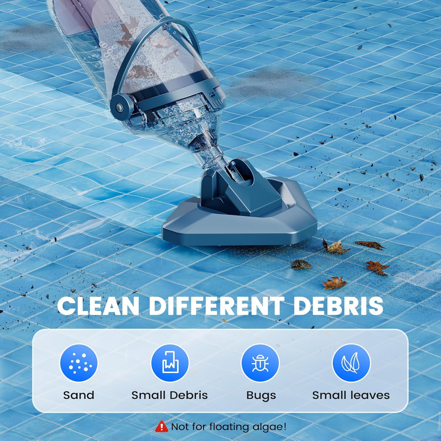 Pool Vacuum for Above Ground Pool with a Telescopic Pole, Running time up to 1H, T403 Handheld Rechargeable Pool Cleaner with Powerful Suction up to 18.5 gallons/min, Ideal for Leaves, Debris