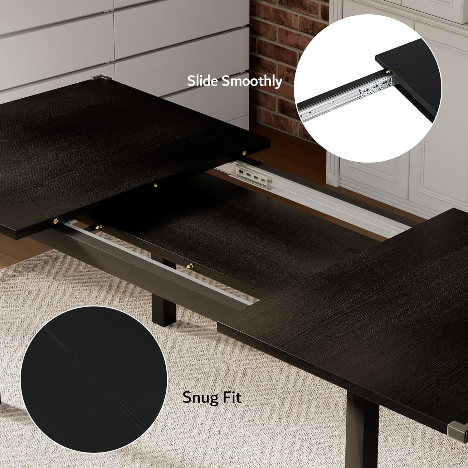 iPormis 63" Extendable Dining Table for 4-8, Square Wooden Dining Room Table with Metal Base, Modern Extendable Table for Small Kitchens, Dining Office Areas, Black