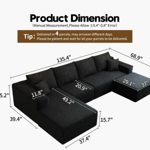 107.5" Cloud Modular Sectional Sofa Couch with L-Shape Chaise,Modern Minimalist Upholstered Couches for Living Room Bedroom,Deep Seat Corner Couch .No Assembly Required (Black,Left Facing Chaise)