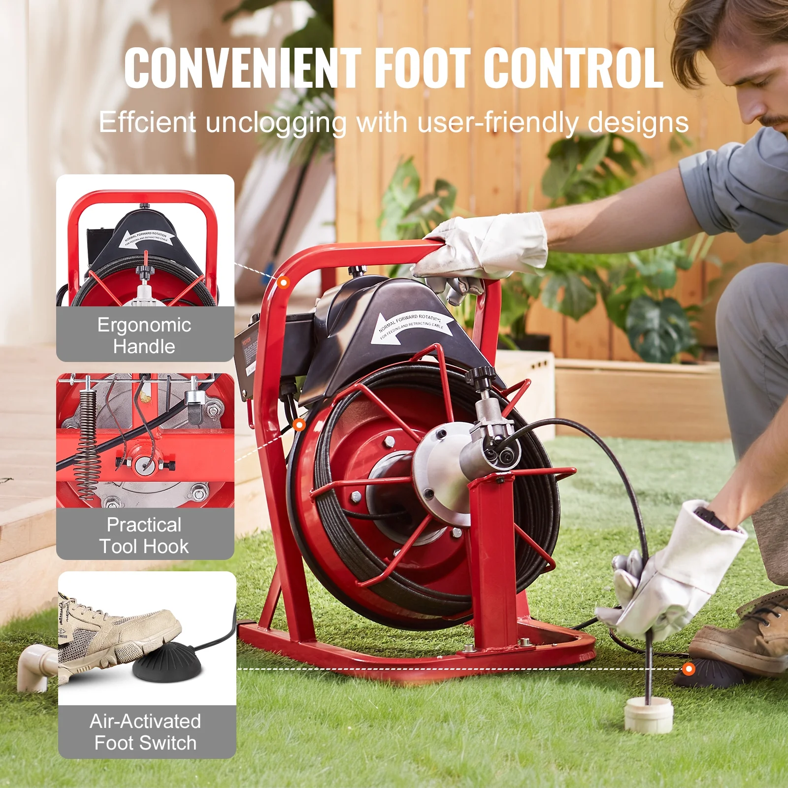 VEVOR Drain Cleaner Machine 50FT x 3/10 Inch, Auto Feed Sewer Snake Auger, Electric Drain Cleaning Machine with 4 Cutters & Air-activated Foot Switch for 2" to 4" Pipes