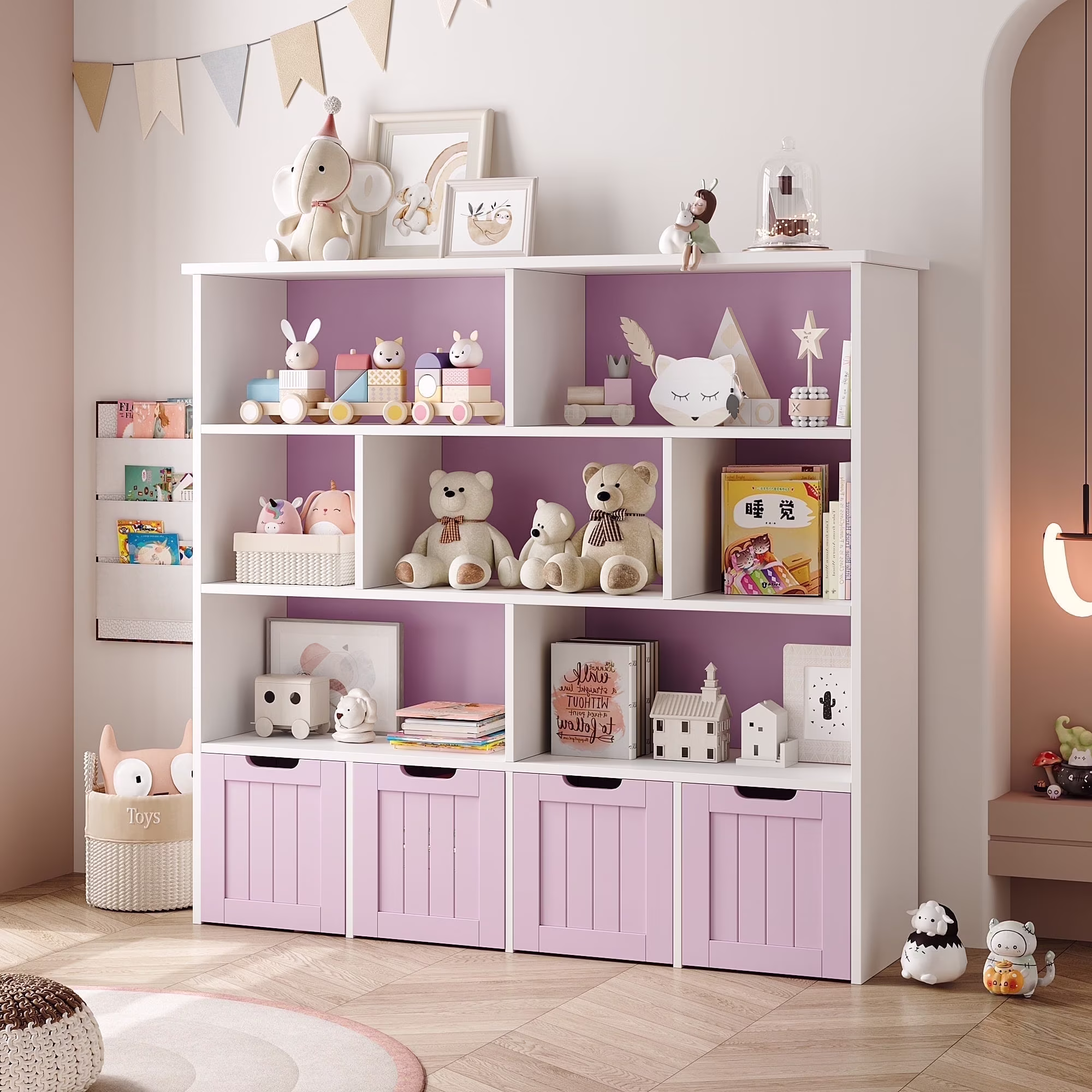 Homfa 7 Cube Toy Storage Organizer, Kids Geometric Bookcase and Bookshelf with 4 Drawers, White