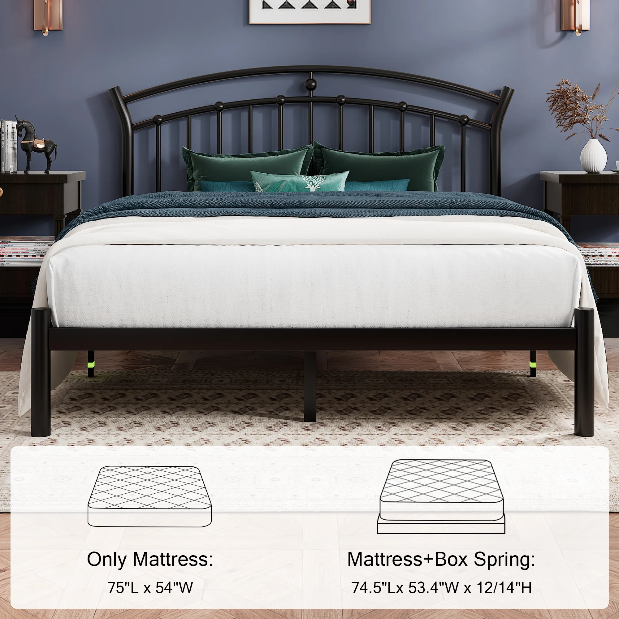 Virans Full Size Metal Platform Bed With Victorian Style Headboard, Heavy Duty Steel Slat Support, 12"Under Bed Storage,Easy Assembly, Black