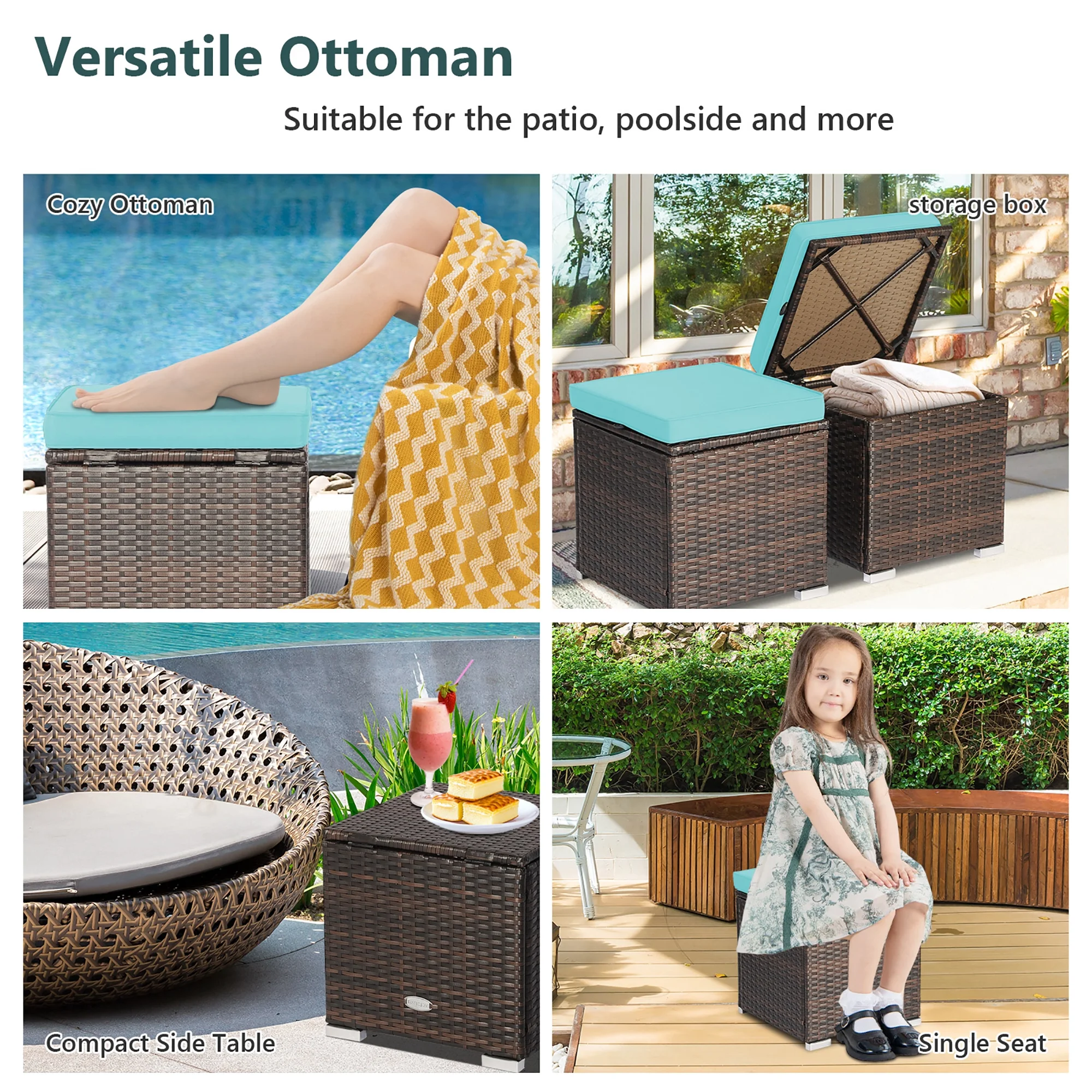 Costway 2PC Patio Rattan Ottoman Seat Side Table Storage Box Footrest Off White
