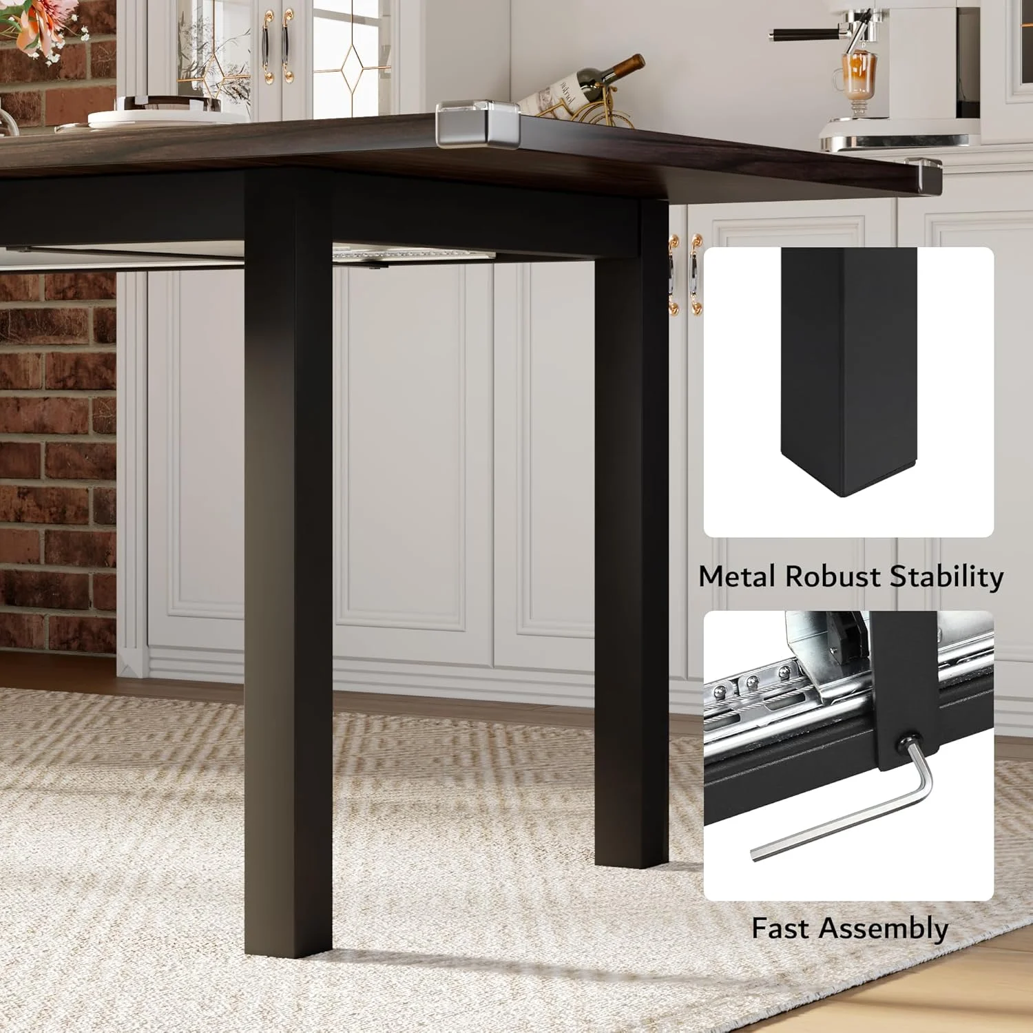 iPormis 63" Extendable Dining Table for 4-8, Square Wooden Dining Room Table with Metal Base, Modern Extendable Table for Small Kitchens, Dining Office Areas, Black