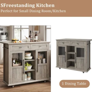 WALYWIK Foldable Kitchen Island Cart with Wheels, 2 Glass Doors, Spice Rack & Towel Holder -C Compact Mobile Storage Cart for Small Kitchens, Dining Rooms, Camping & RVs - Grey