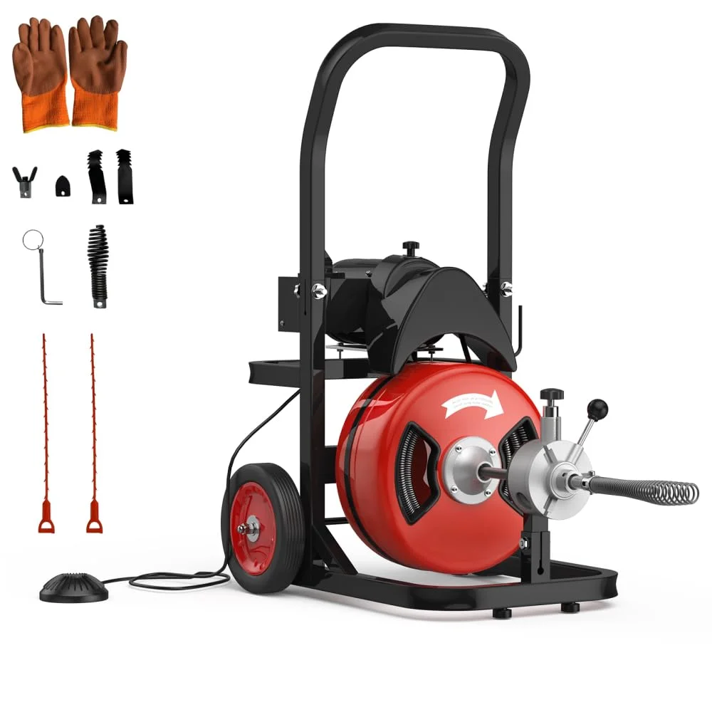 Ataucjin Drain Cleaner Machine,100Ft Drain Cleaning Machine,450W Auto Feed Sewer Snake Auger,Portable Electric Drain Auger Cleaner With 4 Cutter Air-Activated Foot Switch For 2" To 4" Pipes
