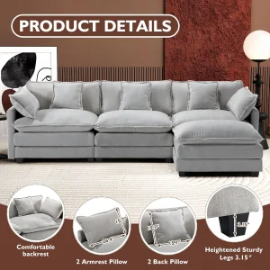 Ihanherry 146" U-Shaped Modern Sofa Modular Sectional Cloud Couch with 2 Ottoman, 6-Seat Chenille Deep Seat Sofa with 6 Pillows for Living Room, Bedroom and Apartment, Grey