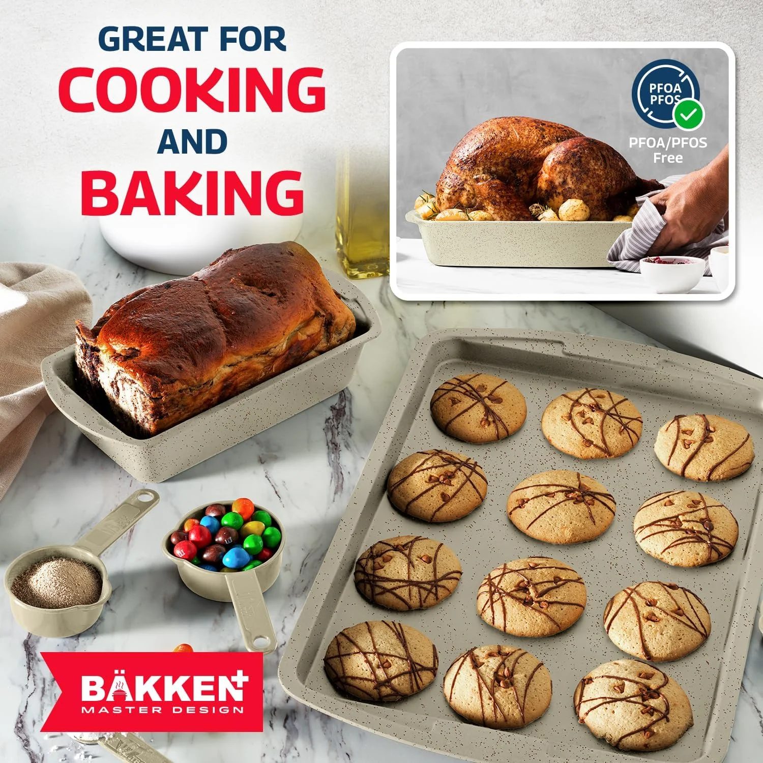 Bakken Master 38 Piece Granite Cookware and Bakeware Set -C Nonstick Granite Coating, Pots and Pans with Detachable Handles and Tempered Glass Lids, 6-piece Bakeware set, 12-piece Mixing Bowls,Brown