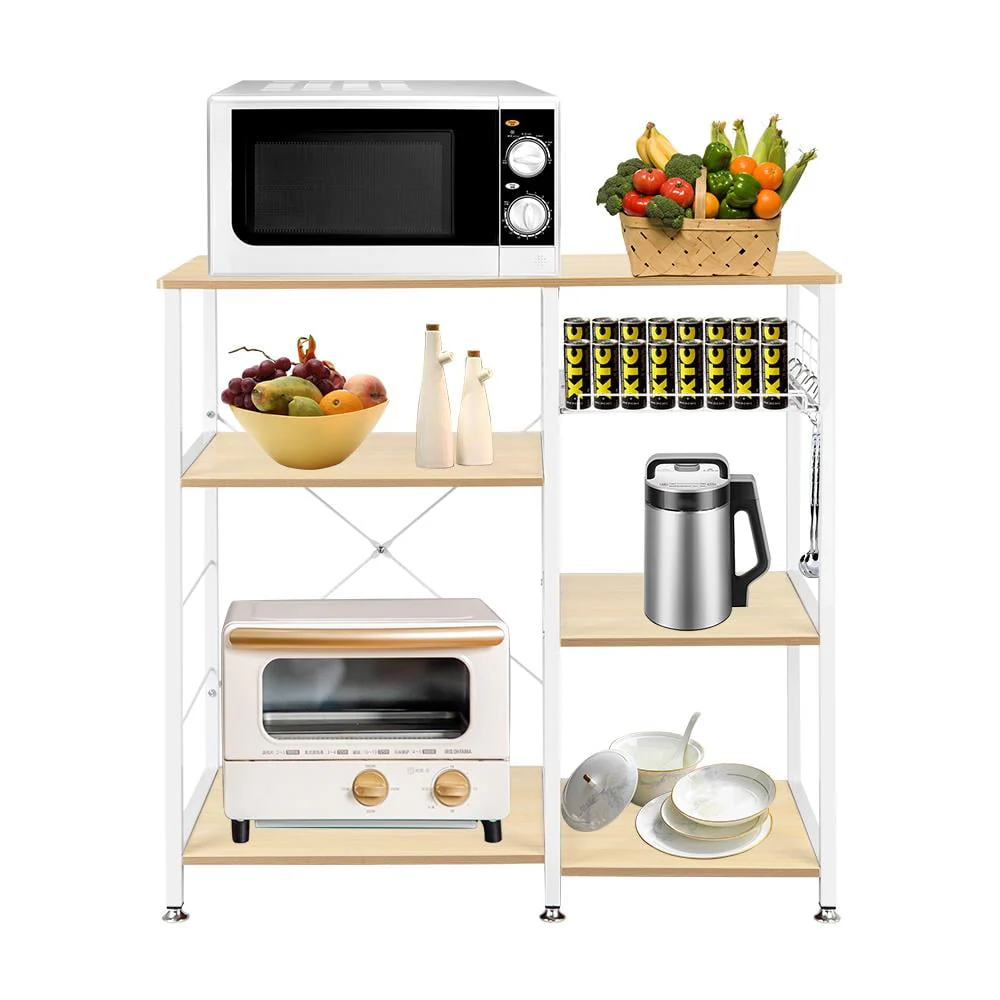 Winado 5 Tiers Vintage Kitchen Baker's Rack Microwave Oven Stand with Kitchen Storage Shelf Rack Hooks, White Oak and Metal Frame