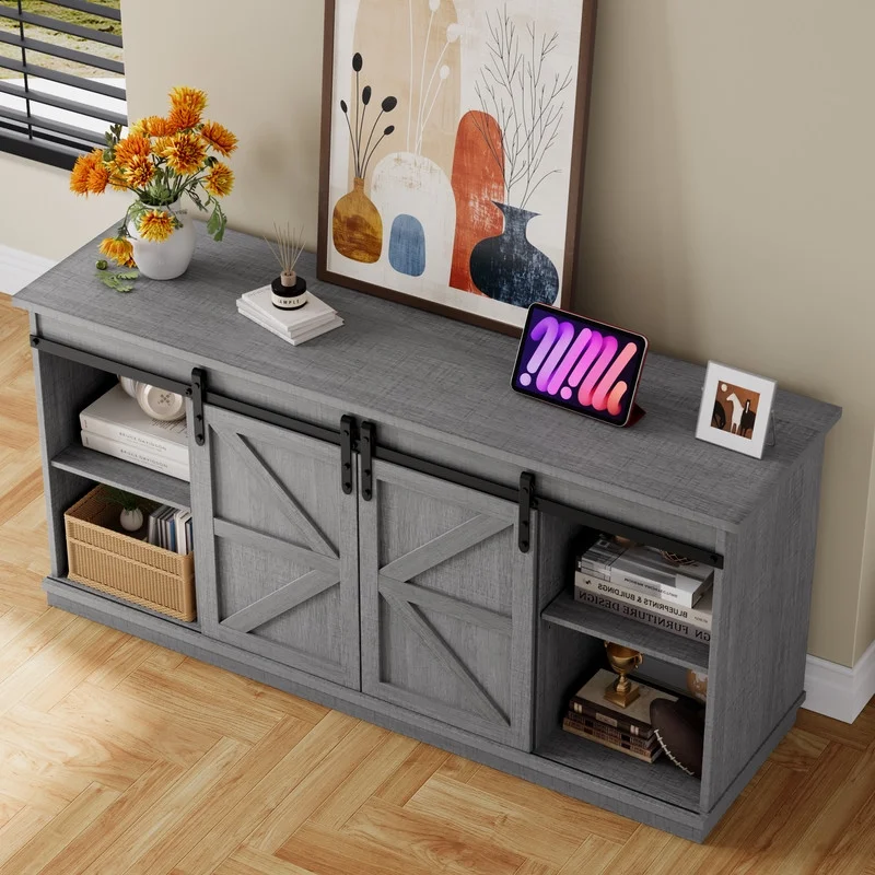 Furmax 65 inch TV Stand Entertainment Center with Sliding Barn Doors and Storage,White