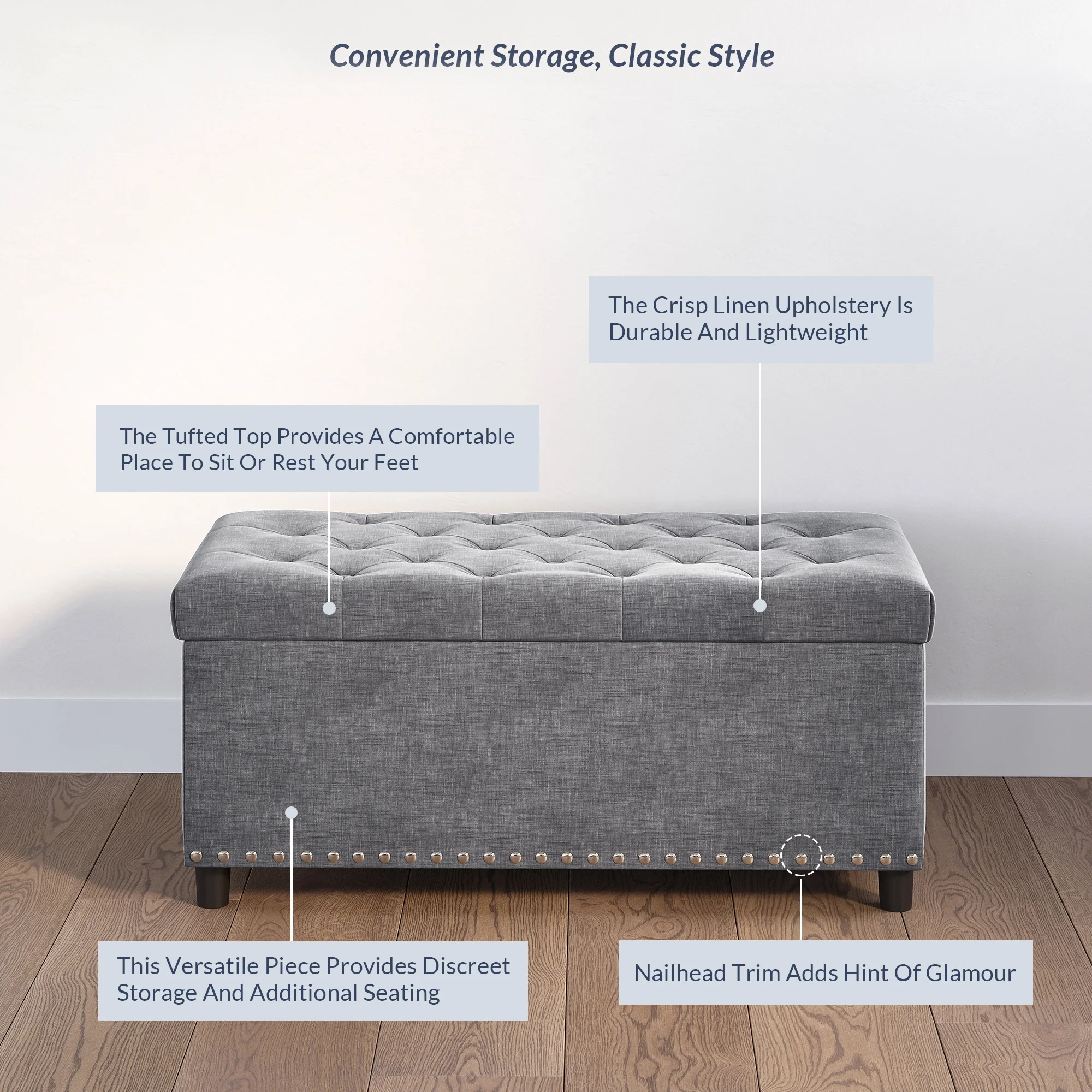BELLEZE 35 Inch Storage Ottoman, Button-Tufted Ottoman Linen Storage Bench with Safety Close Hinge, Ottoman with Storage for Living Room, Entryway, Hallway, Foot Rest, Support 300lbs - Dark Grey