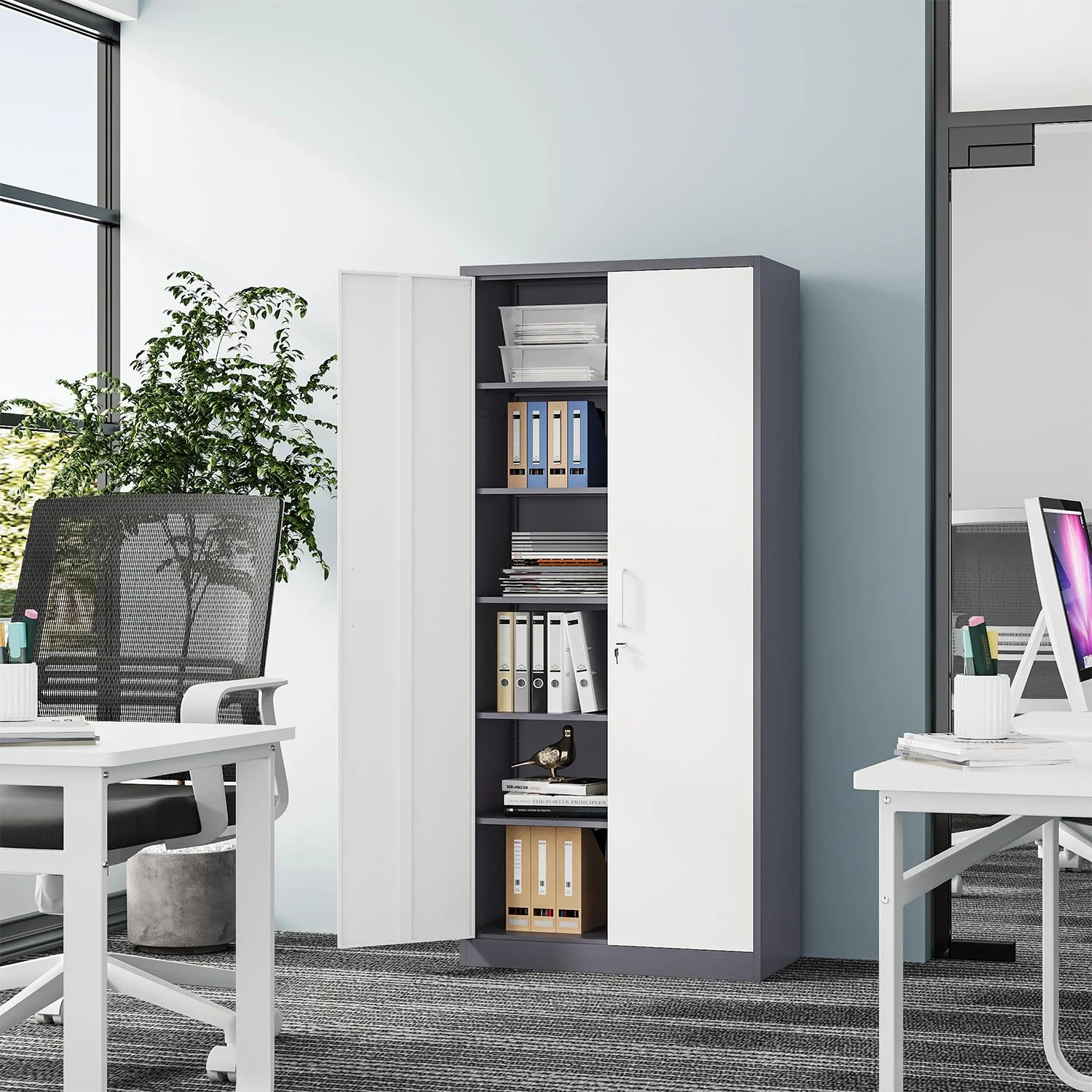 STANI Metal Storage Cabinet, 71- Tall Steel Cabinets with Locking Door and 5 Adjustable Shelves, Steel Classic Storage Cabinet for Home, School, Office, Garage