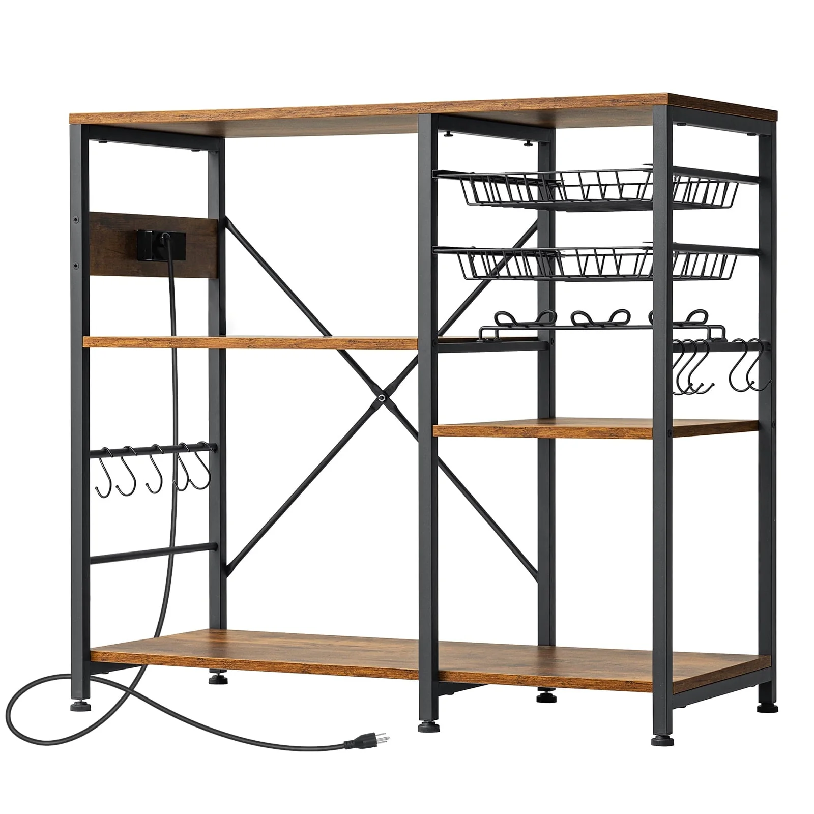 Dinaza Baker's Rack with Power Outlet 4 Tier Microwave Stand with Kitchen Storage Shelf Rack Mug Holder 10 S-Shaped Hooks for Kitchen Living Room Coffee Bar Station