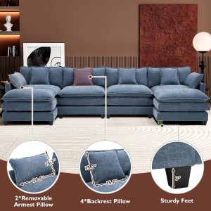 Ihanherry 146" U-Shaped Modern Sofa Modular Sectional Cloud Couch with 2 Ottoman, 6-Seat Chenille Deep Seat Sofa with 6 Pillows for Living Room, Bedroom and Apartment, Grey