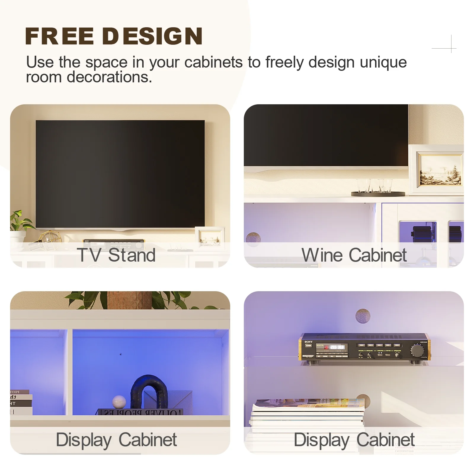 MEISSALIVVE 4-Piece Wall Unit TV Stand with Storage & LED Lights for TVs up to 75", Modern Entertainment Center with Bookshelves & 8-Door Pantry Cabinet, Gray