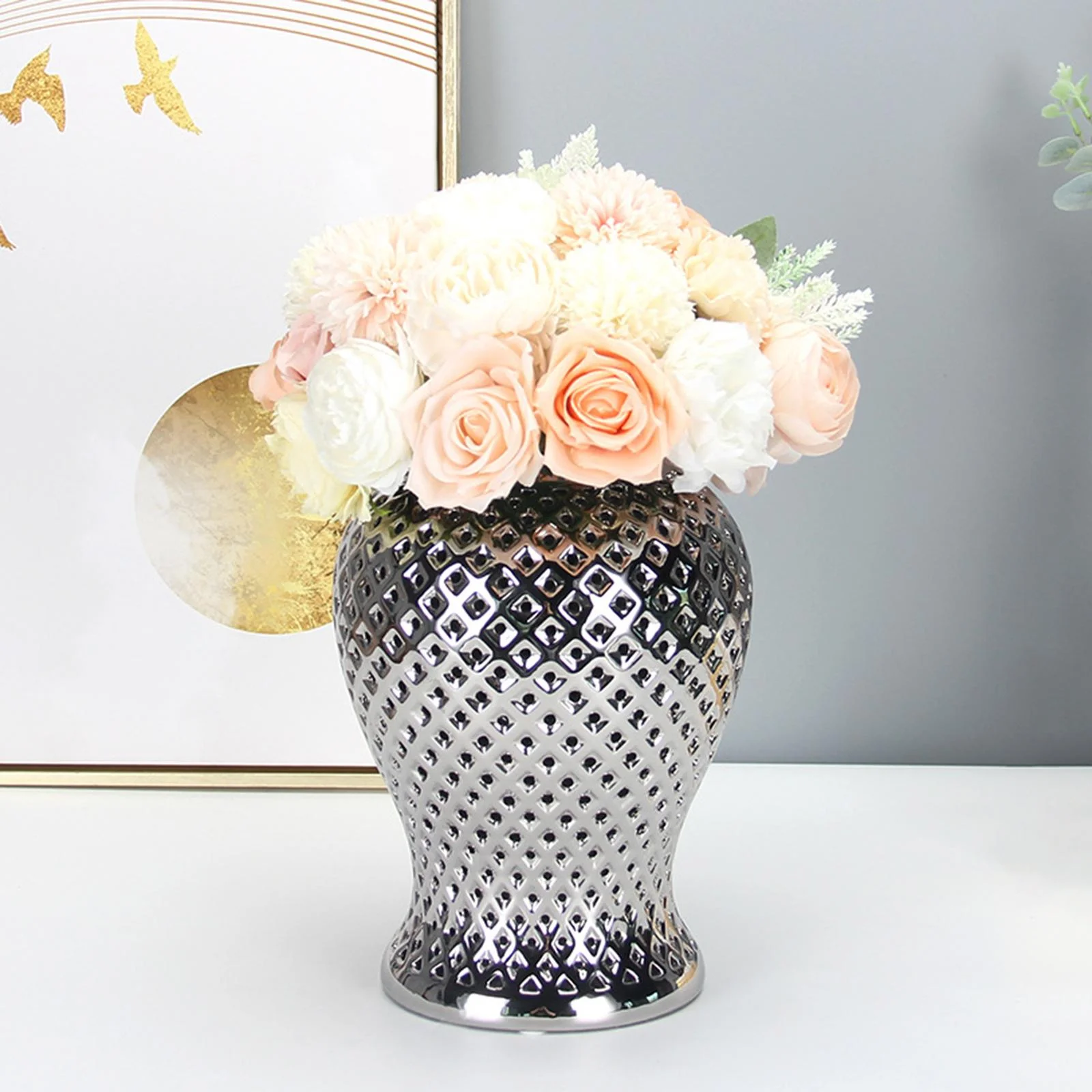 Vintage Style Ceramic Ginger Jar Dried Flower Vase Porcelain Storage Jar with