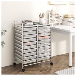 20 Drawers Storage Cart w/Rolling Wheels, Semi-Transparent Mobile Rolling Drawer Cart for School Classroom Office Home Salon, Files Scrapbook Craft Organizer, Utility Cart on Wheels (Clear)