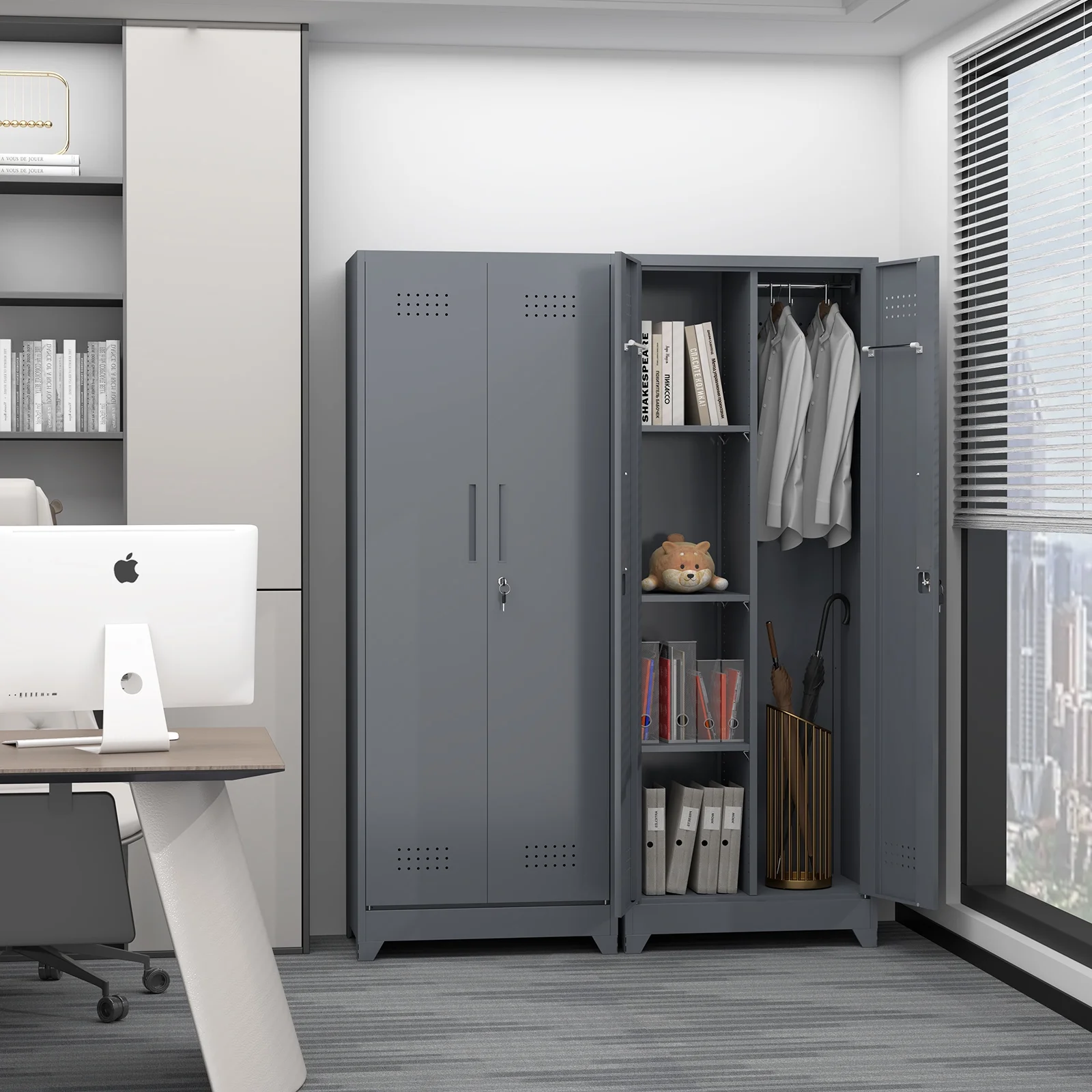 Marcree Broom Closet Storage Cabinet with Lock,65" Tall Garage Storage Cabinet with Hanging Rod,Multifunctional Garage Storage Broom Closet with Doors,Cleaning Tool Cabinet