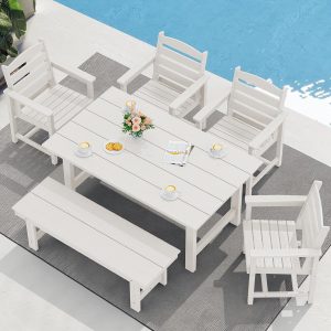 SERWALL 7-Piece Patio Table Set, Outdoor HDPE Dining Furniture with Umbrella Hole, All Weather Table and Chairs for Lawn, Garden, Poolside, Aruba
