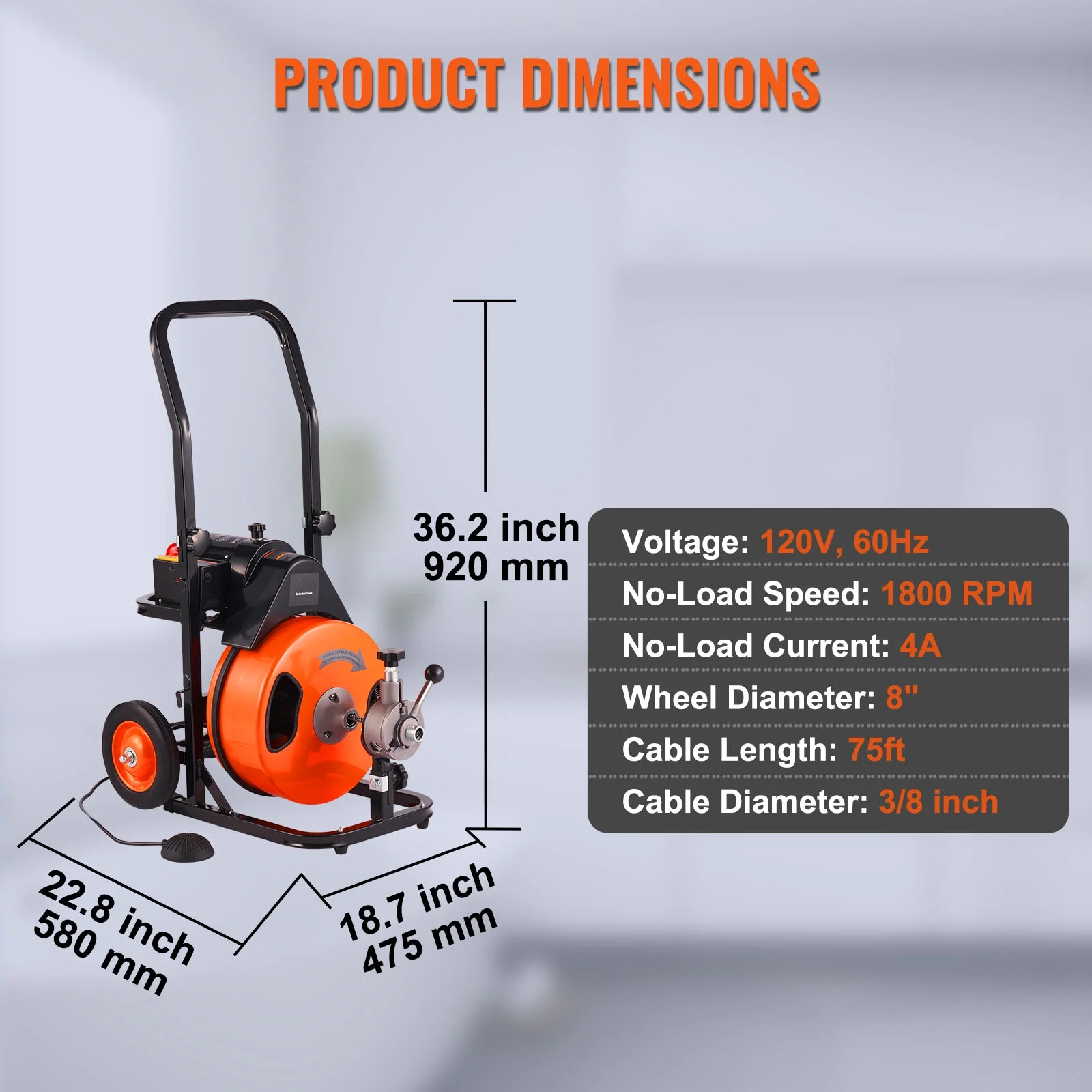 KFFKFF Drain Cleaning Machine 75FT x 3/8 Inch, Sewer Snake Machine Auto Feed, Drain Auger Cleaner with 4 Cutter & Air-Activated Foot Switch for 1" to 4" Pipes