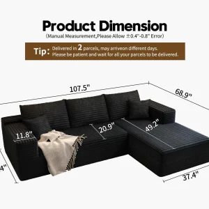 107.5" Cloud Modular Sectional Sofa Couch with L-Shape Chaise,Modern Minimalist Upholstered Couches for Living Room Bedroom,Deep Seat Corner Couch .No Assembly Required (Black,Left Facing Chaise)