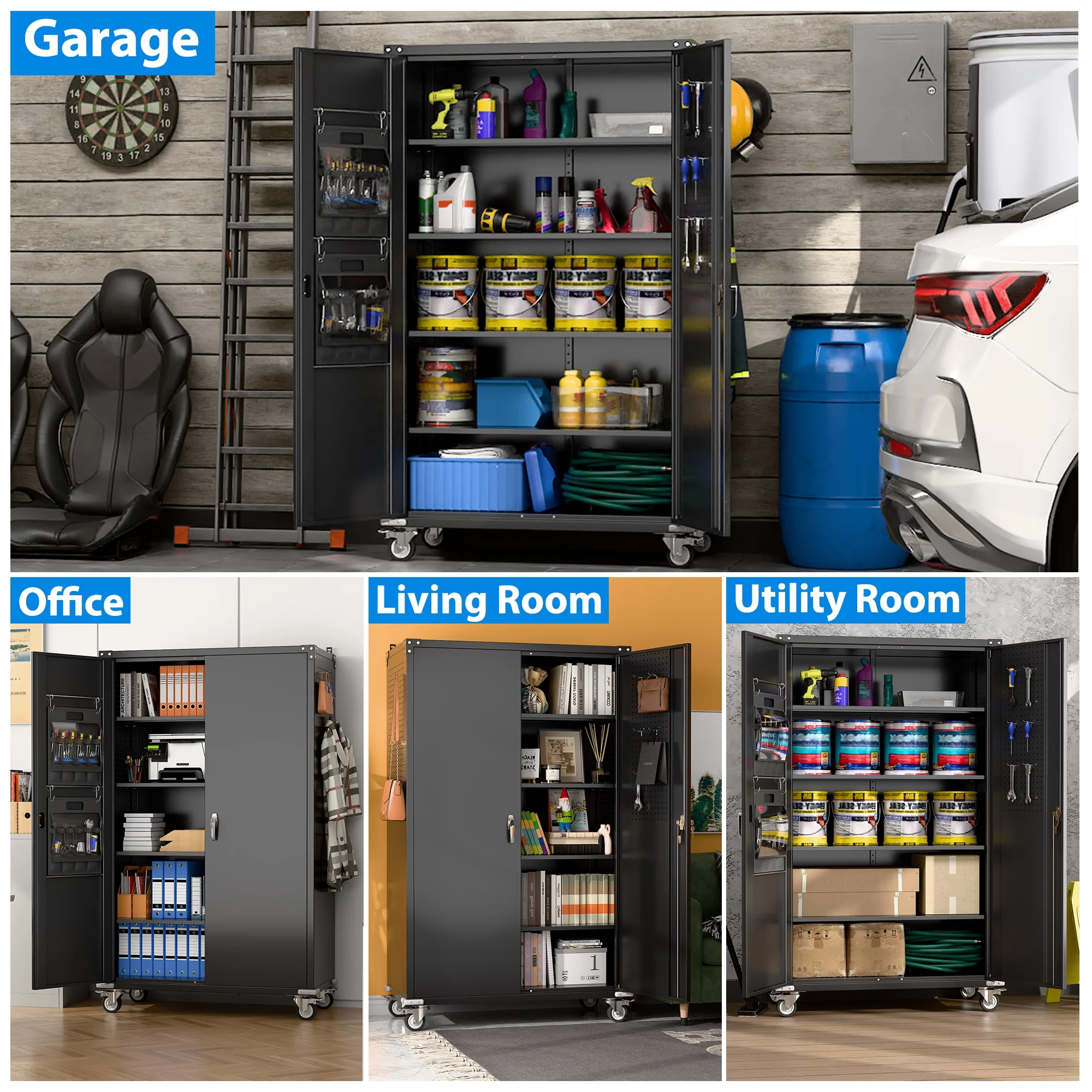 GangMei 71-Inch Metal Lockable Storage Cabinet with Pegboards and 5 adjustable shelves, White, Assembly Required
