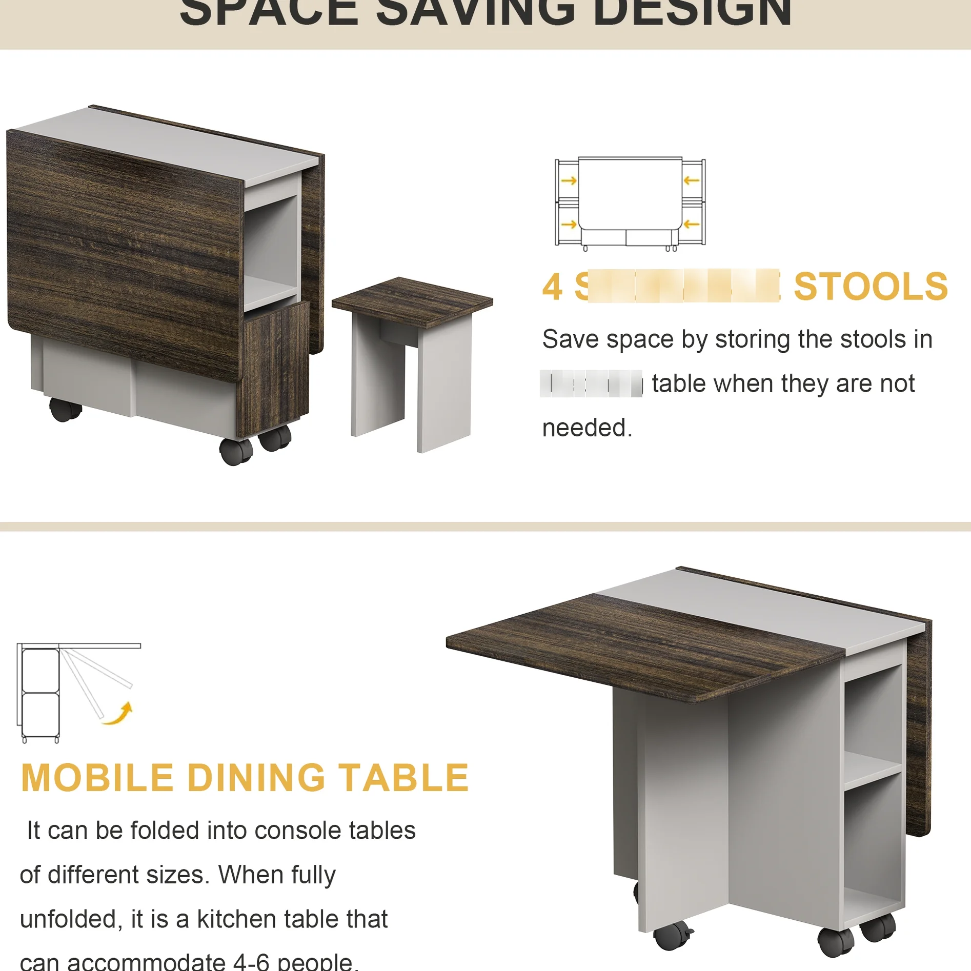 4 Folding Dining With 55'' Drop Leaf Table & 4 Chairs, Storage, 6 Wheels, Robust , Brown, Space Saving For Interiors Extendable Wood, Firm Home Use