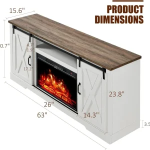 AMERLIFE Fireplace TV Stand with Sliding Barn Door for TVs up to 73", Farmhouse 63" Fireplace Entertainment Center with Storage Cabinets/Adjustable Shelves