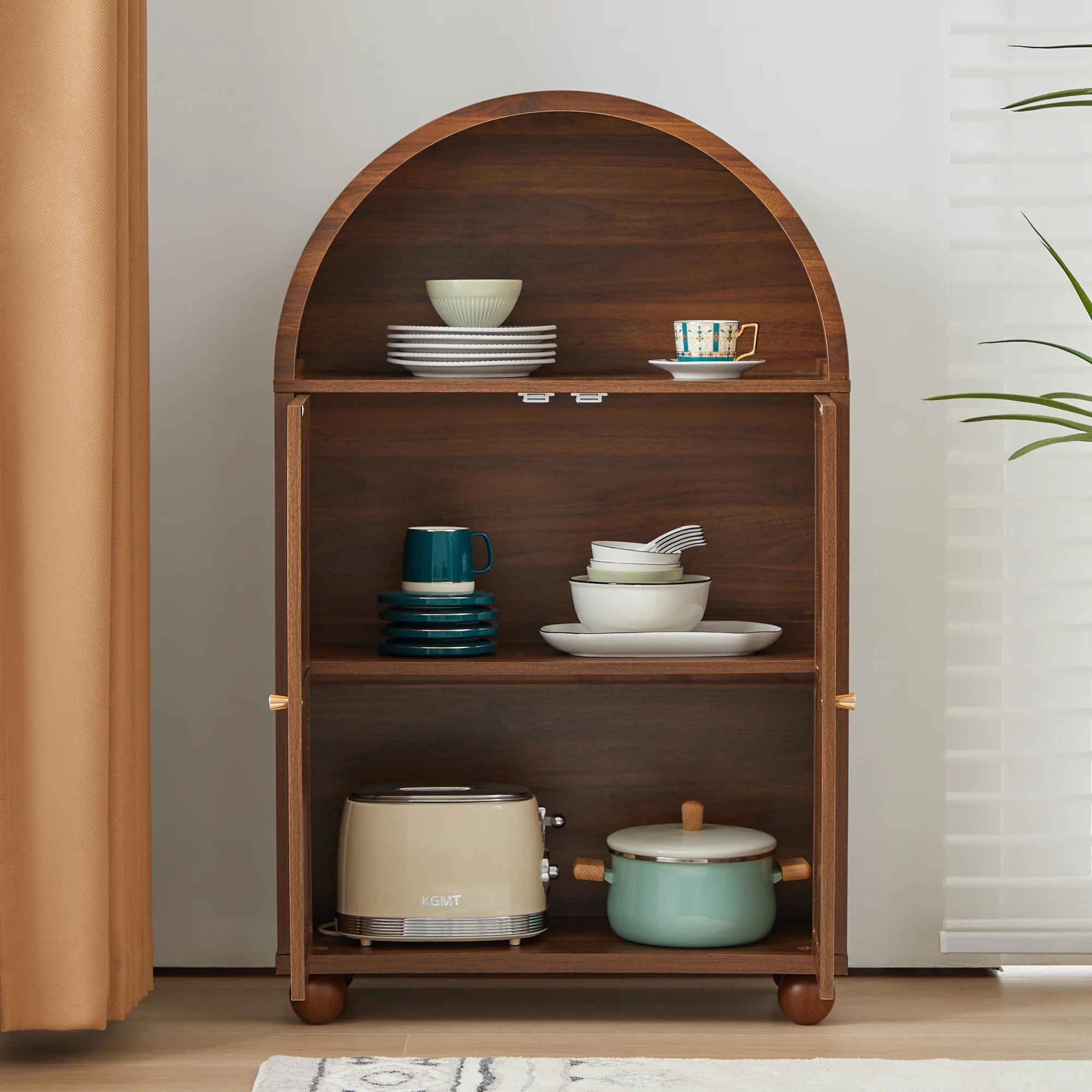 Wirrytor Arched Kitchen Storage Cabinet, Sideboard Buffet Cabinet with 2-Tier and 2 Doors, Black Sideboard, Kitchen Pantry Cabinet, Wooden Storage Cabinet for Living Room