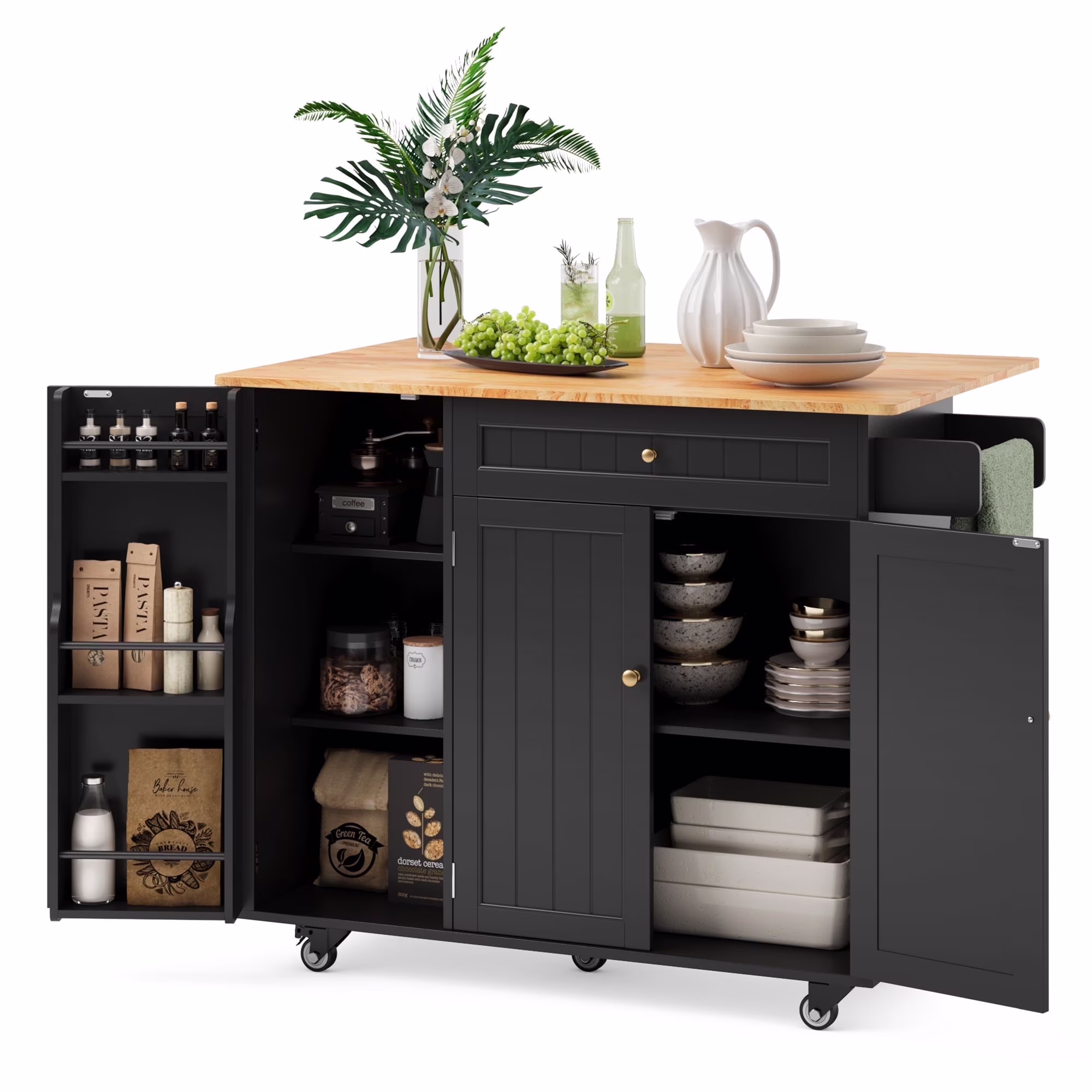 Noelse Kitchen Island with Storage, Island Table for Kitchen with Drop Leaf, Spice Rack, Towel Bar for Small Kitchens, White