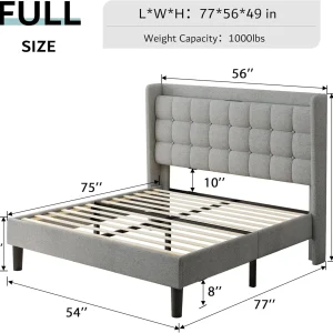 ipormis Full Size Bed Frame with Charging Station-Upholstered Platform Bed Frame with Wingback Storage Headboard, No Box Spring Needed,Light Grey
