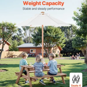 VEVOR Kids Picnic Table with Umbrella, 3-in-1 Sand & Water Table, Outdoor Wooden Table and Bench Set with 2 Trays, 4-People Patio Dining Furniture for Garden, Backyard and Porch (Walnut)