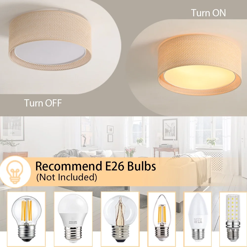 LEDET 15.7 in. Yellow Flush Mount Ceiling Light Rattan Weaving Shade Home Decor Pendant Lighting