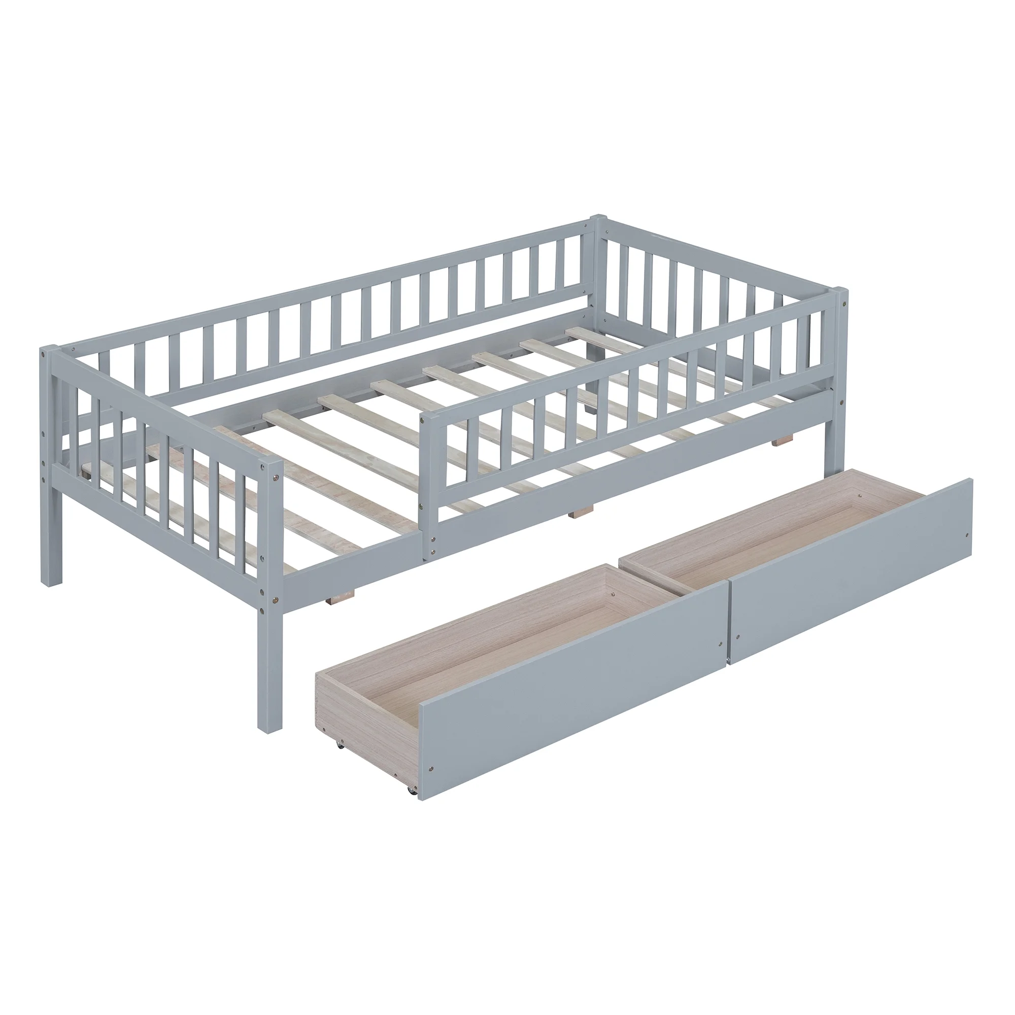 Holaki Twin Size Wood Bed with Guardrails and 2 Storage Drawers for Kids, Gray
