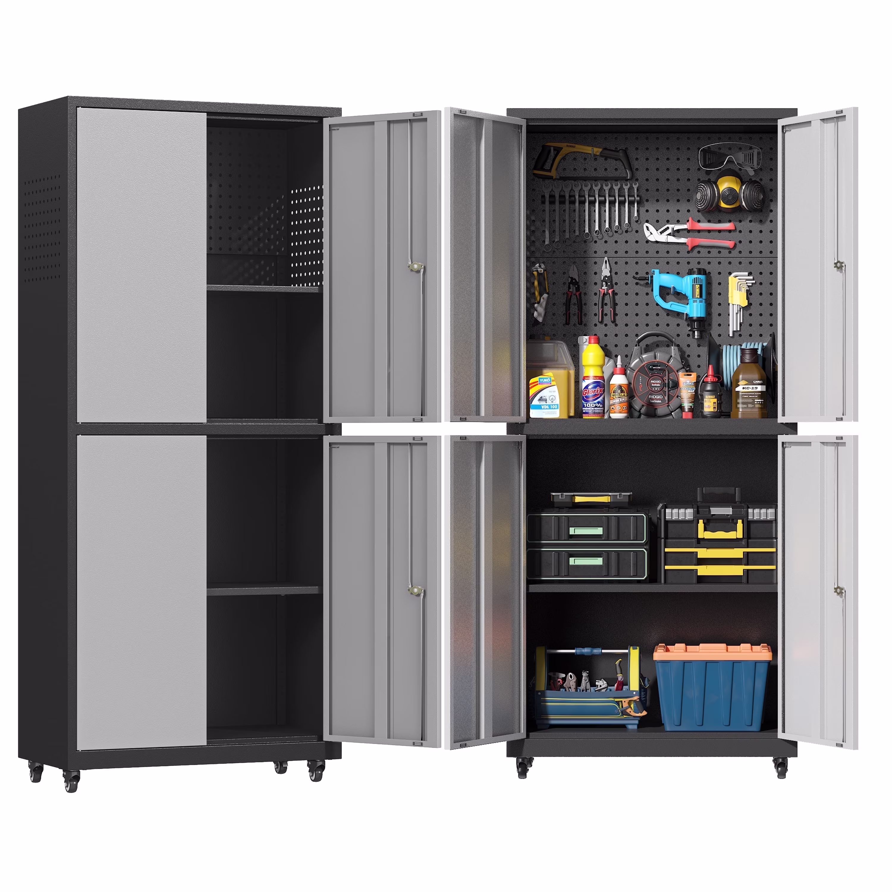 Metal Storage Cabinet with Wheels,Rolling Tool Cabinet with Doors and Adjustable Shelves,Heavy Duty Garage Storage Cabinet,Steel Locking Storage Cabinet for Garage/Warehouse/Office/School/Home-Black