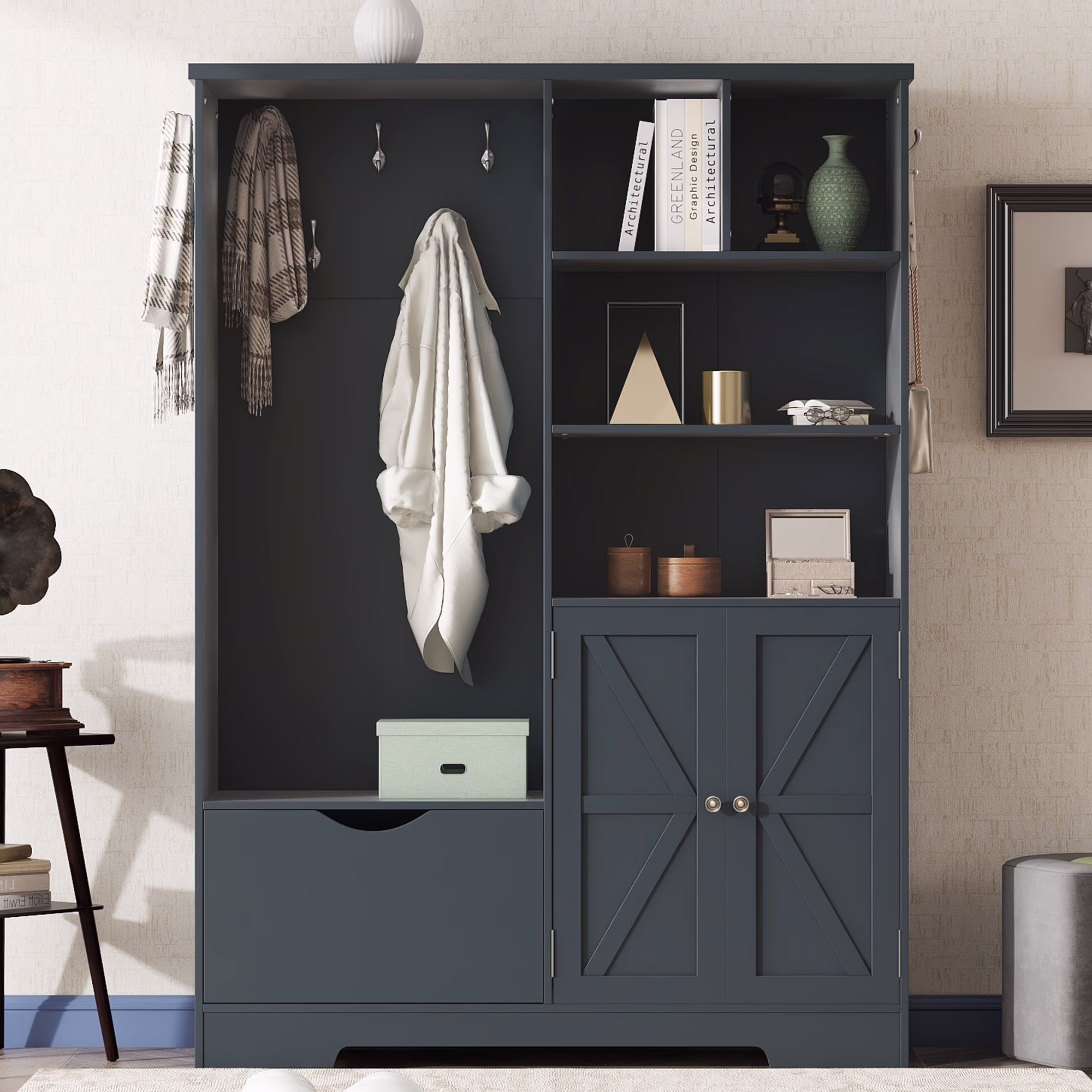 Bellemave 59"W Farmhouse Hall Tree with Storage Shelves and Shoes Rack Multi-functional Coat Rack with Hooks Entryway Shoes Storage Seating Bench Coat Hanger for Hallway (Black, With Shoes Rack)