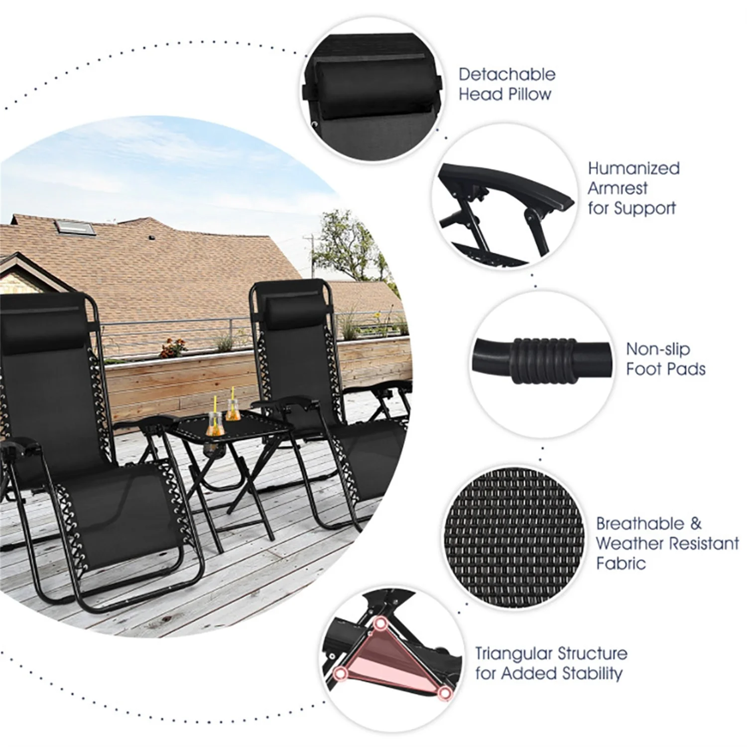 Aimee Lii 3 Pieces Folding Portable Zero Gravity Reclining Lounge Chairs Table Set, Wicker Patio Furniture