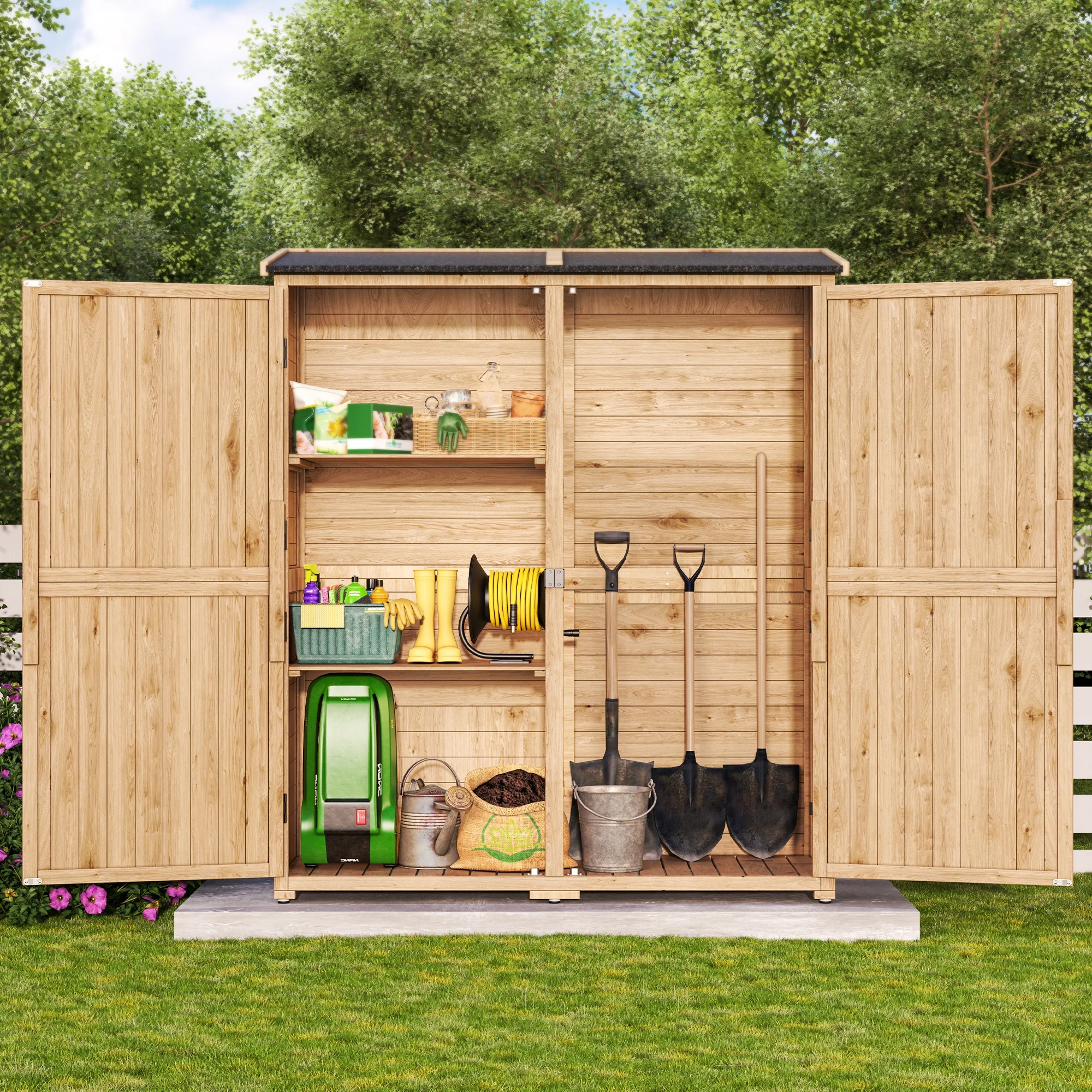 Asofer Outdoor Storage Shed, Storage Cabinet Clearance, Wooden Tool Shed, Deck Cabinet for Outside Patio Lawn