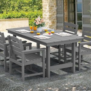 SERWALL 7-Piece Patio Table Set, Outdoor HDPE Dining Furniture with Umbrella Hole, All Weather Table and Chairs for Lawn, Garden, Poolside, Aruba