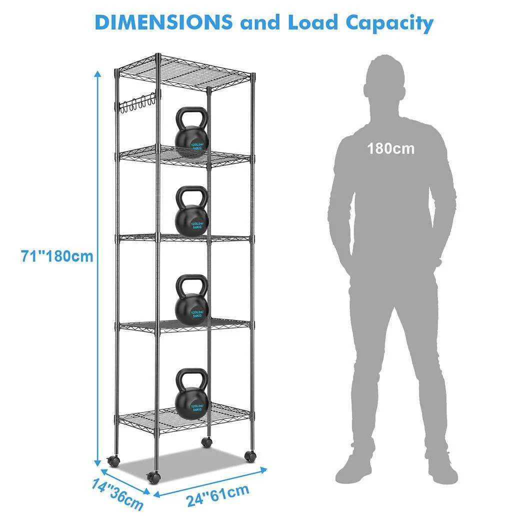 5-Tier 600 lbs Carrying Capacity Wire Shelf 72" Steel Shelf Tier Height Adjustable Metal Racks with 4 Wheels & 4 Hooks for Garage Kitchen Storage Organizer Shelving Unit