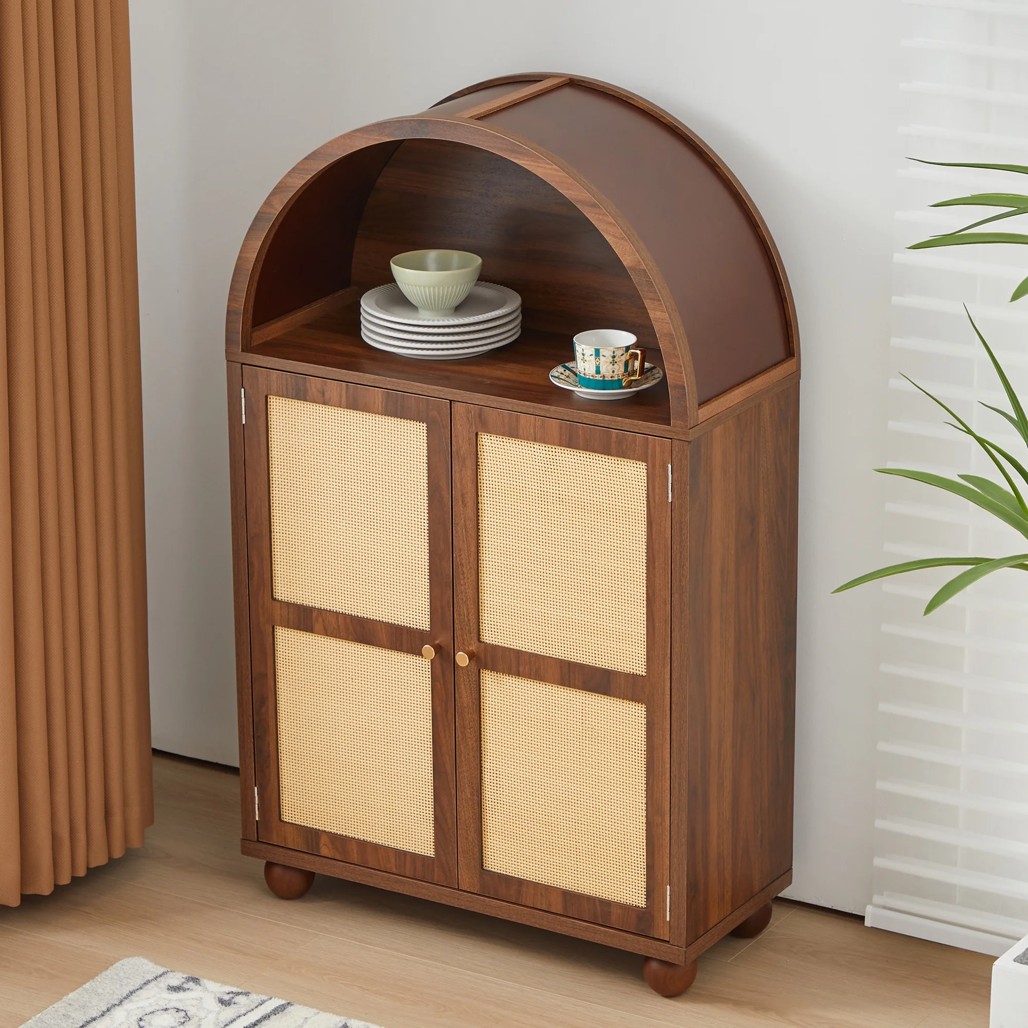 Wirrytor Arched Kitchen Storage Cabinet, Sideboard Buffet Cabinet with 2-Tier and 2 Doors, Black Sideboard, Kitchen Pantry Cabinet, Wooden Storage Cabinet for Living Room